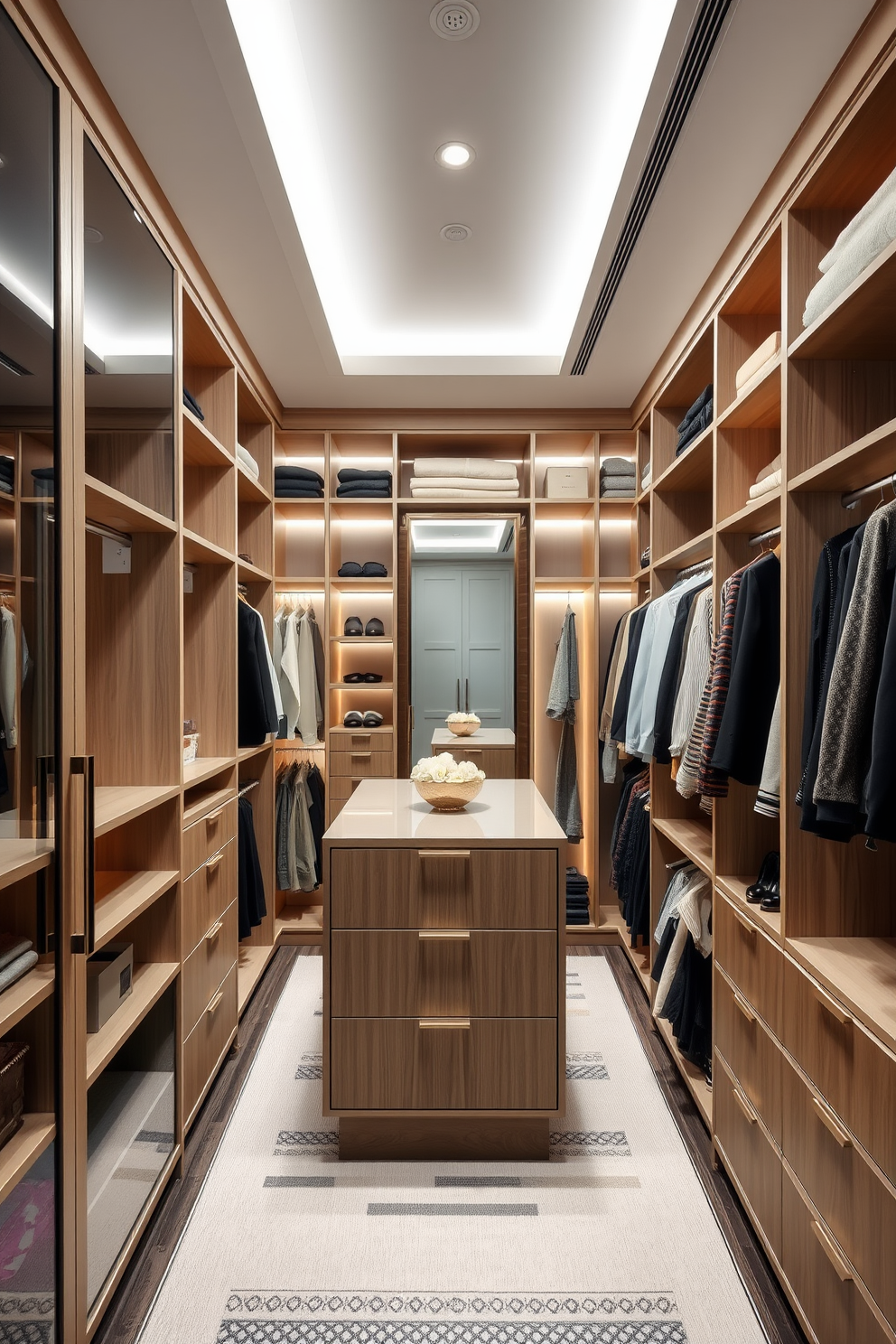 A spacious walk-in closet featuring a well-organized layout with ample shelving and hanging space. Soft LED lighting illuminates the area, highlighting a central island with drawers for accessories and a full-length mirror on one side. The design incorporates a mix of open and closed storage solutions to maximize functionality. Elegant finishes and a neutral color palette create a calm and inviting atmosphere.