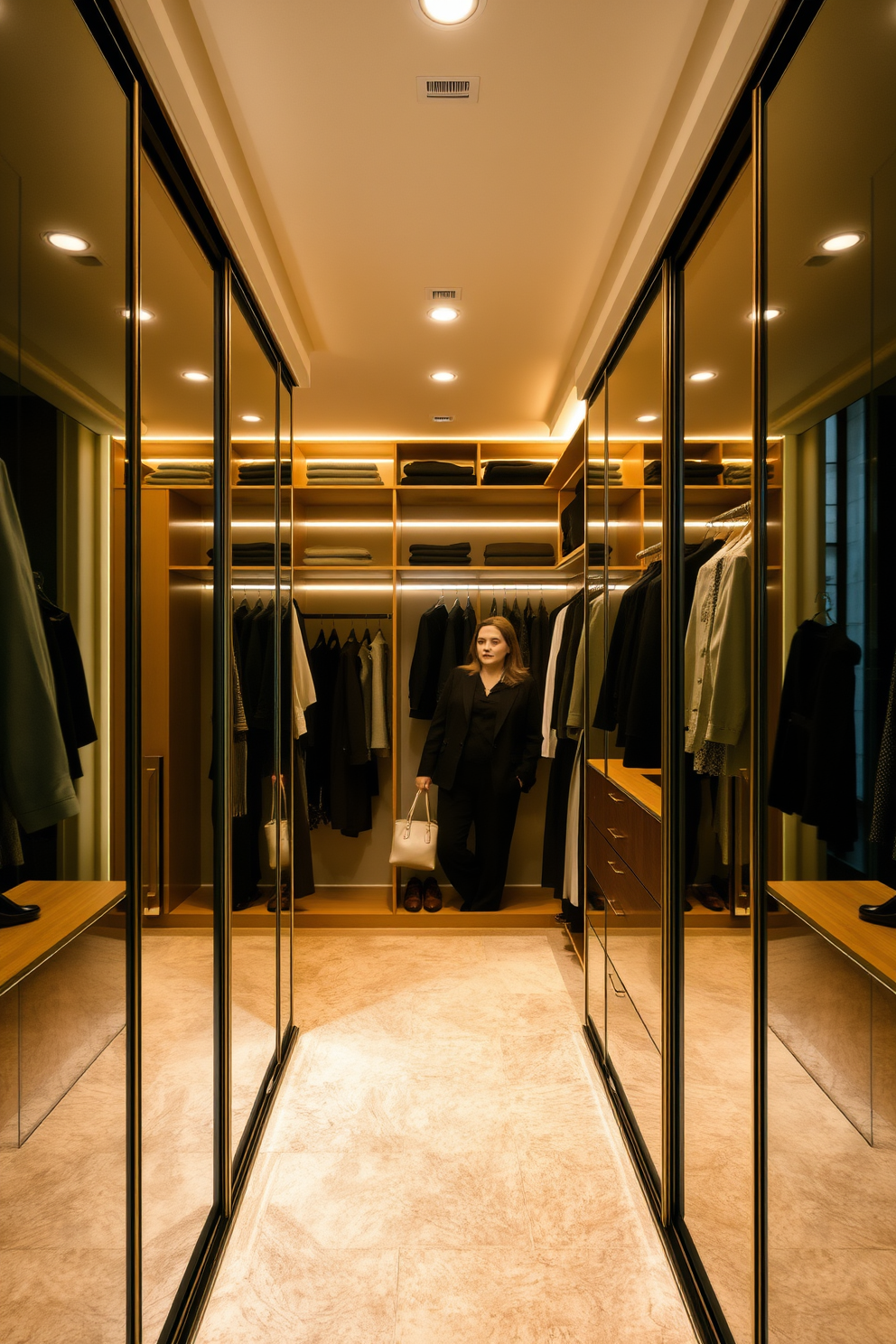 A spacious walk-in closet featuring custom-built shelving and hanging racks. The walls are painted in a soft beige color, and a plush area rug adds warmth to the space. Soft lighting fixtures are strategically placed to create a cozy and inviting atmosphere. A full-length mirror is positioned against one wall, reflecting the elegant organization of shoes and accessories.