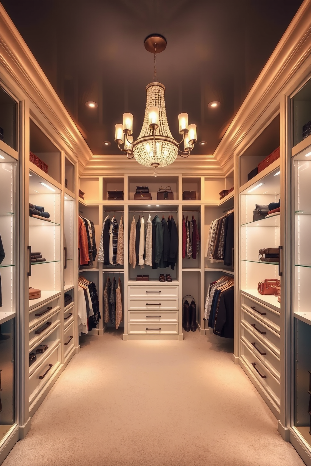 A stunning walk-in closet featuring statement lighting that creates a dramatic ambiance. The space is designed with elegant shelving and hanging areas, showcasing a mix of clothing and accessories in a well-organized manner. The lighting consists of a modern chandelier that casts a warm glow throughout the room. Soft neutral tones on the walls and plush carpeting enhance the luxurious feel of the closet space.