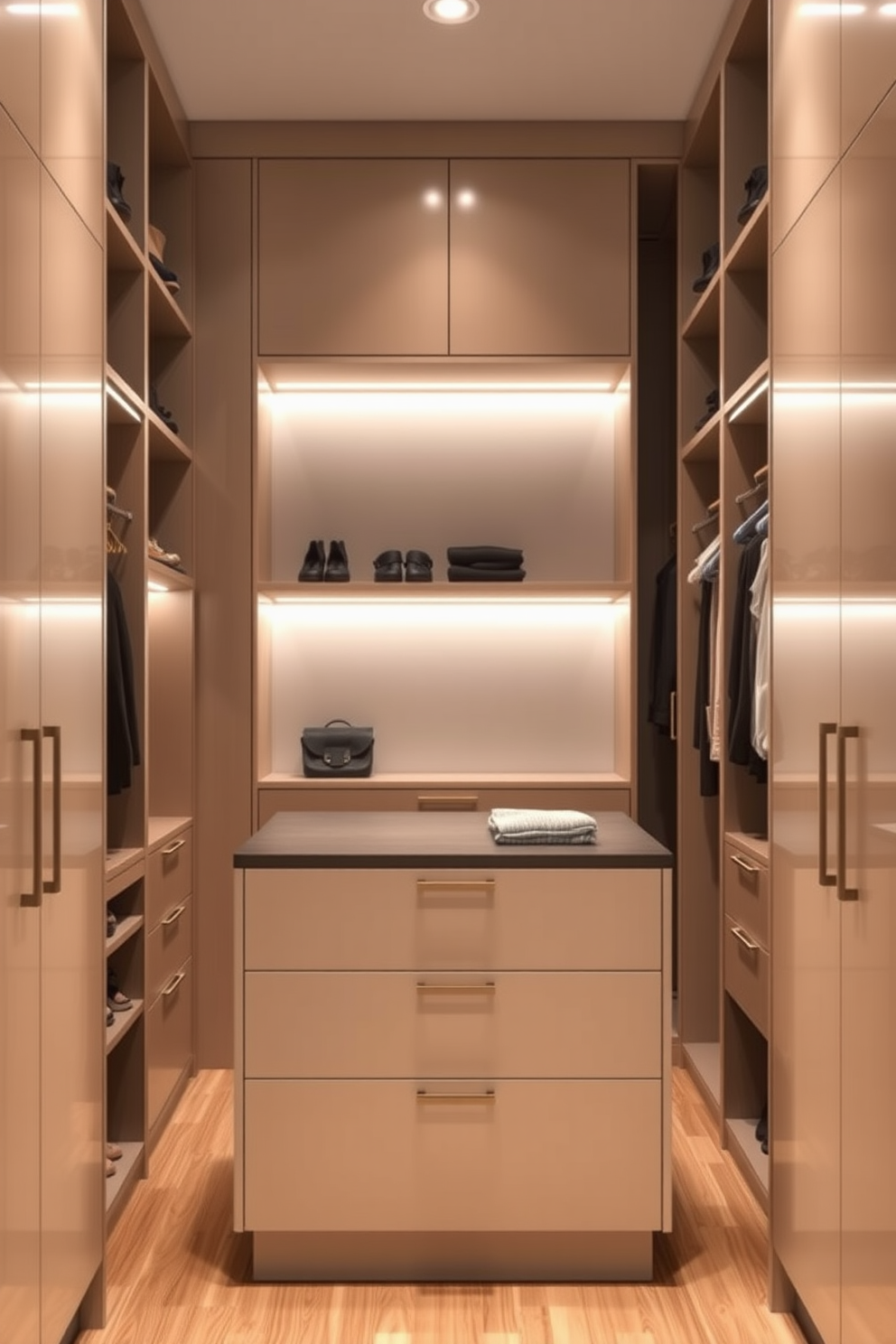 A stylish walk-in closet featuring pull-out shoe racks for easy access and organization. The space is illuminated with soft LED lighting, enhancing the natural wood finishes and plush carpeting. The design includes built-in shelving for bags and accessories, complemented by a full-length mirror to create an open feel. Elegant hanging rods are strategically placed to accommodate a variety of clothing items, ensuring functionality and style.