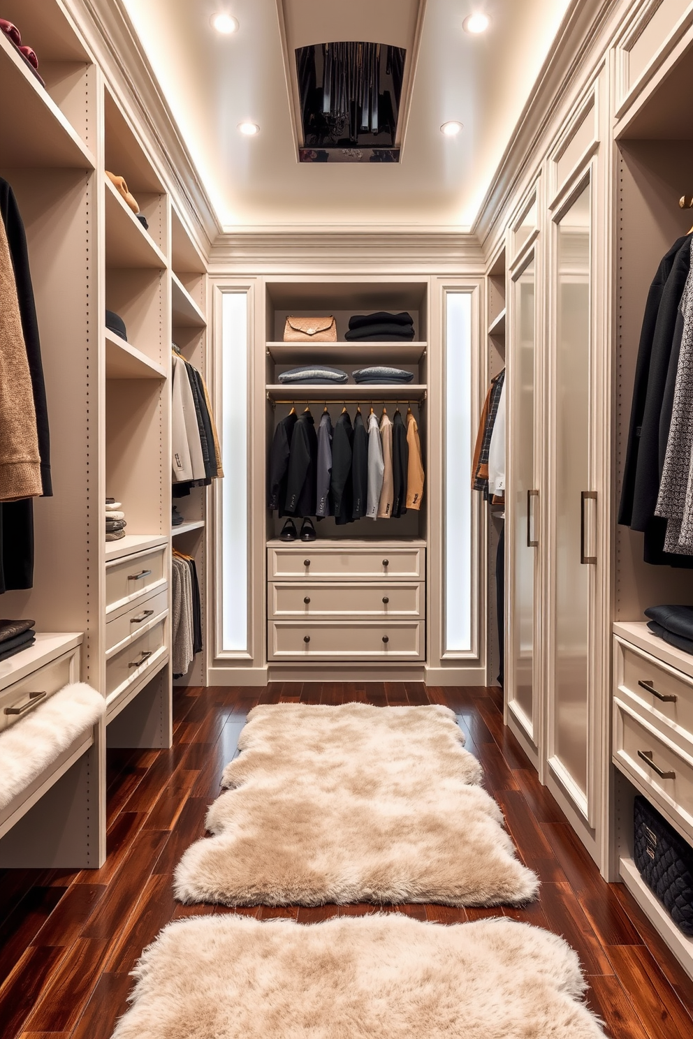 A stylish apartment walk-in closet featuring organized storage solutions with woven baskets neatly arranged on shelves. The space is illuminated by soft lighting, highlighting the elegant wooden cabinetry and a plush area rug underfoot.