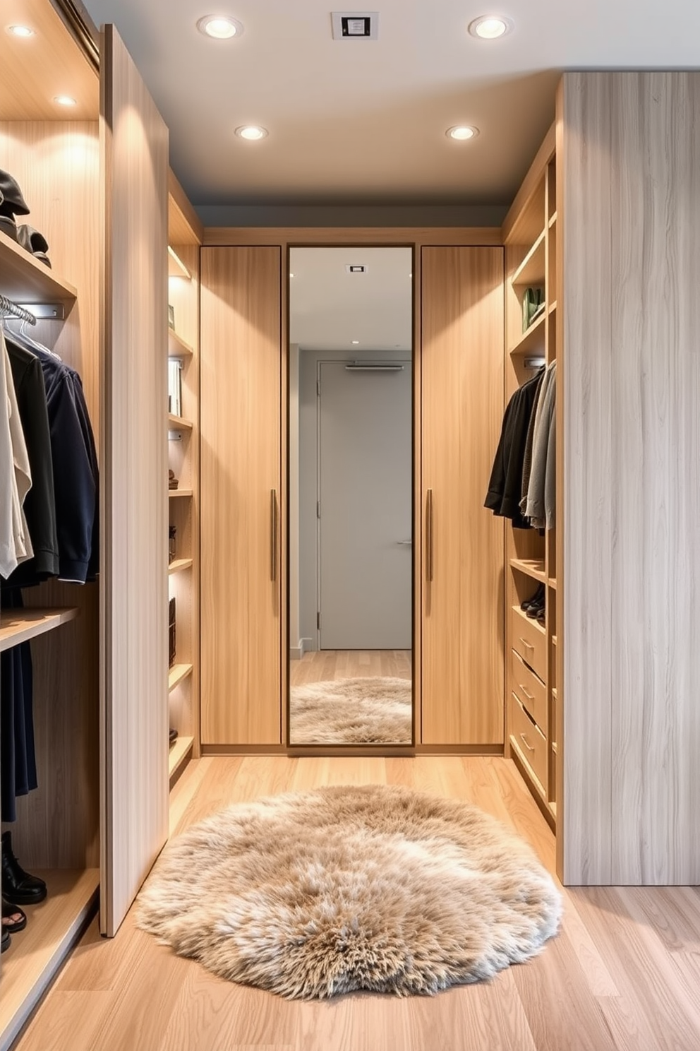 A luxurious walk-in closet designed for comfort and style. The space features a plush seating area with an upholstered bench, surrounded by custom shelving for shoes and accessories. Soft lighting illuminates the room, highlighting the elegant cabinetry and organized storage solutions. A large mirror reflects the spaciousness, while a chic area rug adds warmth underfoot.