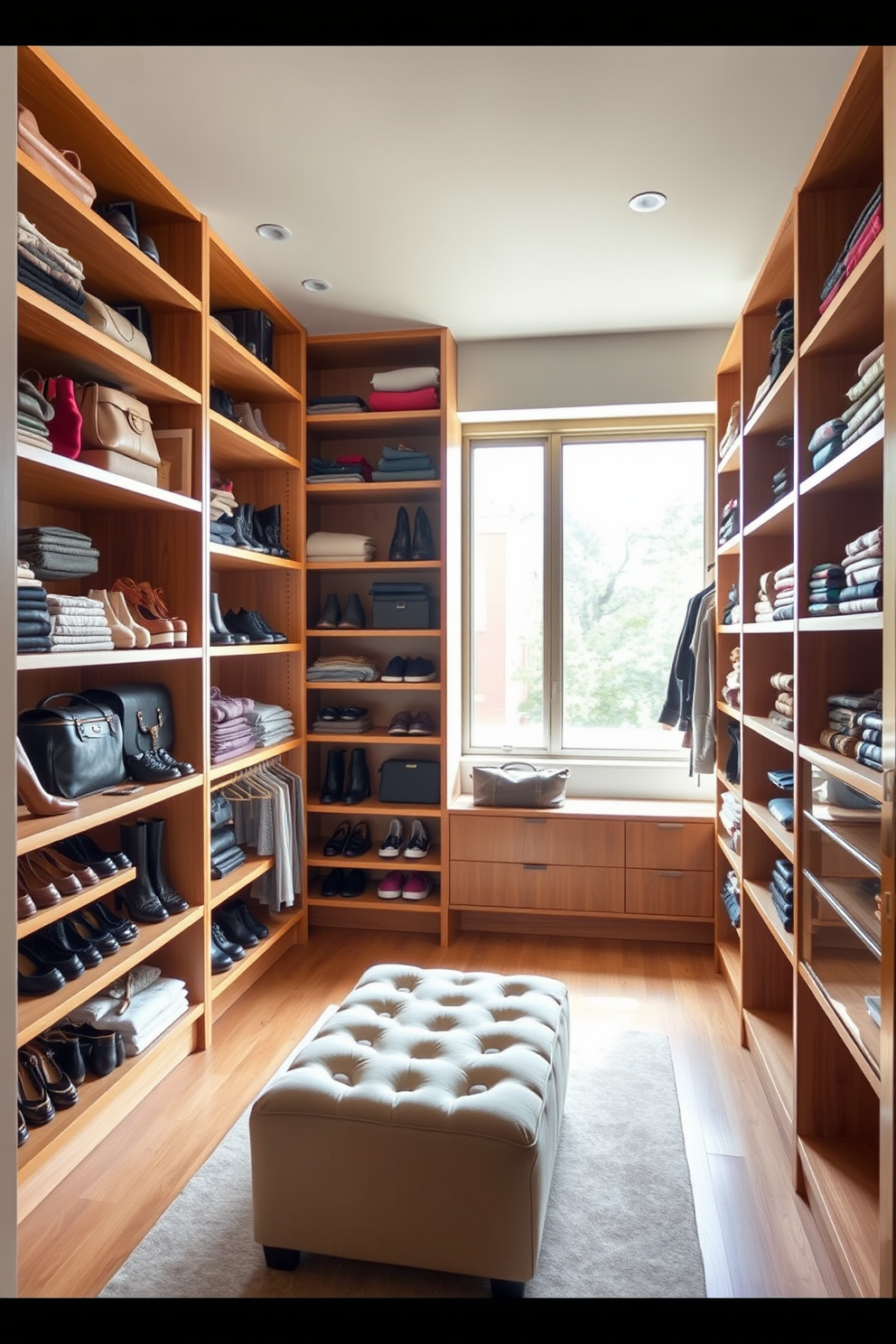 Open shelving for easy access in a spacious apartment walk-in closet. The shelves are arranged neatly with a mix of shoes, bags, and folded clothes, creating an organized and inviting atmosphere. Natural light floods the space through a large window, highlighting the warm wood tones of the shelving. A plush ottoman sits in the center, offering a comfortable spot to sit while selecting outfits.