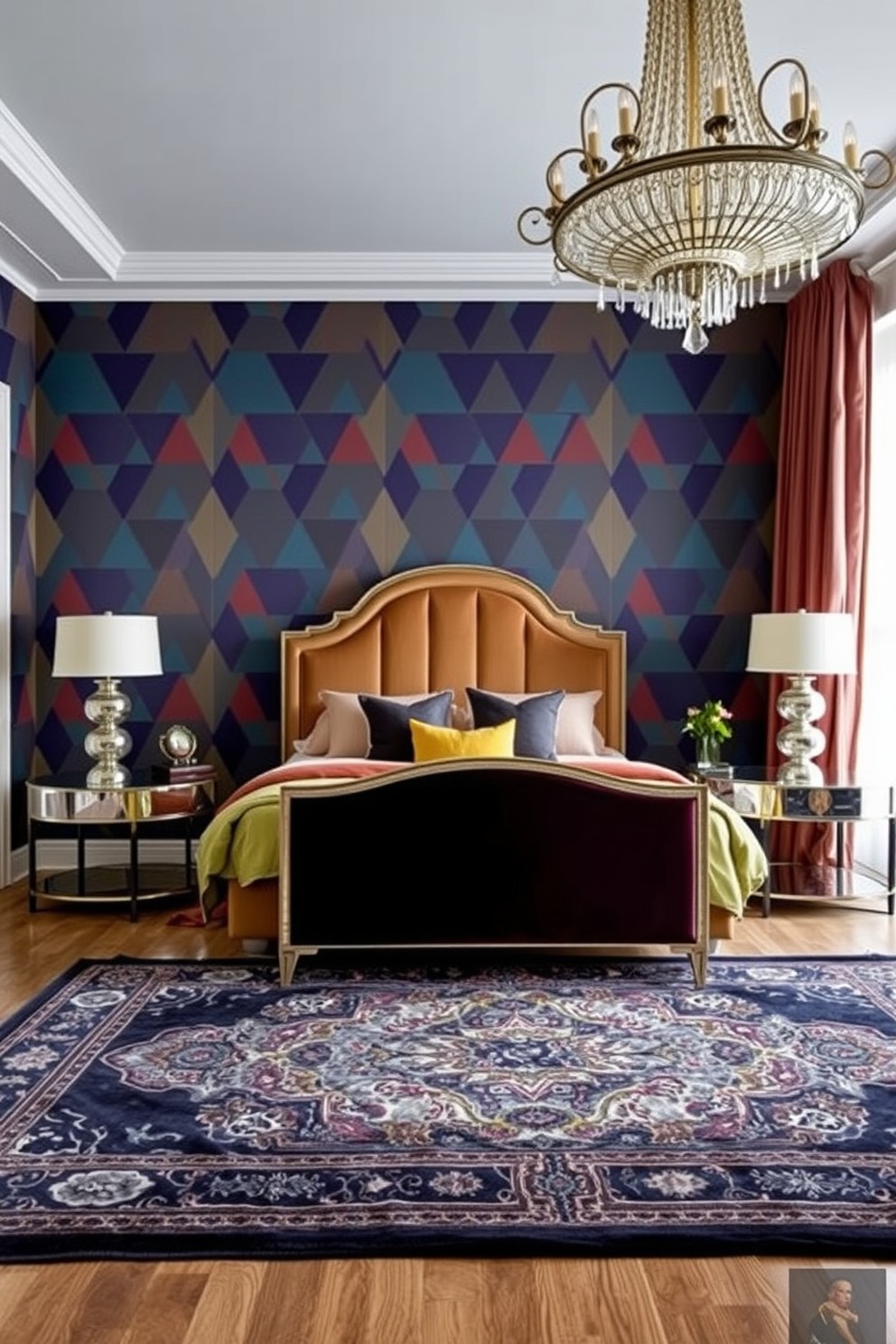 A striking bedroom featuring geometric patterned wallpaper on the accent wall. The wallpaper showcases bold shapes in a harmonious color palette, creating a focal point in the room. The furniture is a blend of luxurious materials and Art Deco influences. A plush velvet bed frame is complemented by mirrored nightstands and a vintage chandelier overhead, adding elegance to the space.