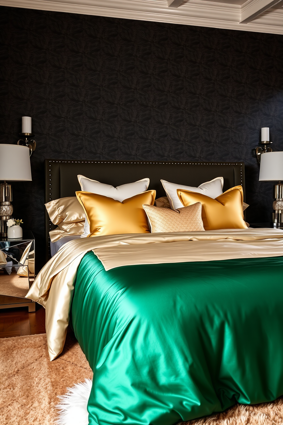 A luxurious Art Deco bedroom featuring layered textures with silk and satin. The bed is dressed in a rich emerald green silk duvet, complemented by satin throw pillows in gold and cream. The walls are adorned with geometric wallpaper in deep hues, creating a dramatic backdrop. A plush area rug in a contrasting color anchors the space, while a sleek mirrored nightstand adds a touch of glamour.