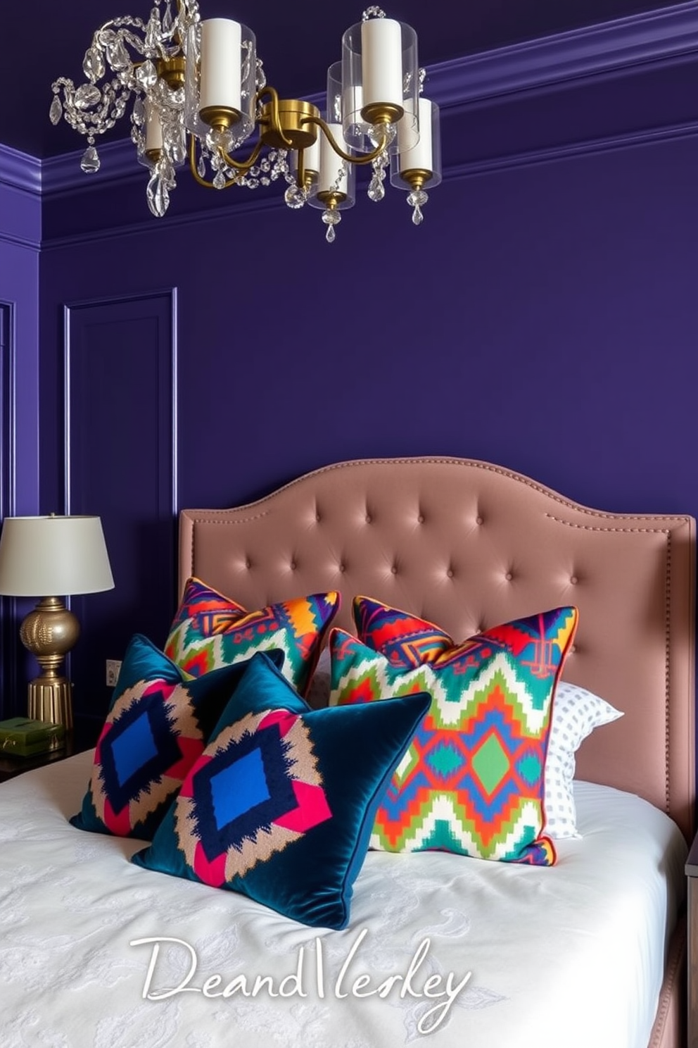 A luxurious bedroom featuring a plush bed adorned with decorative pillows showcasing bold geometric prints in vibrant colors. The walls are painted in a rich jewel tone, and a stylish Art Deco chandelier hangs elegantly from the ceiling.