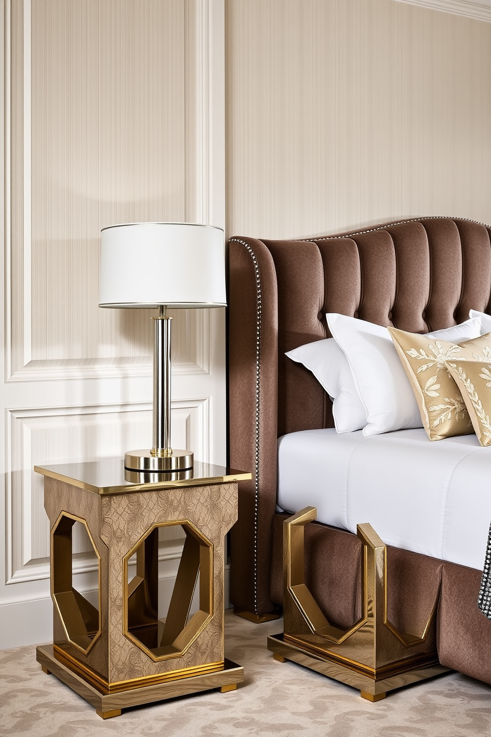 Stylish bedside tables with unique shapes complement an Art Deco bedroom design. The tables feature geometric patterns and luxurious materials, creating a striking focal point beside a plush upholstered bed.