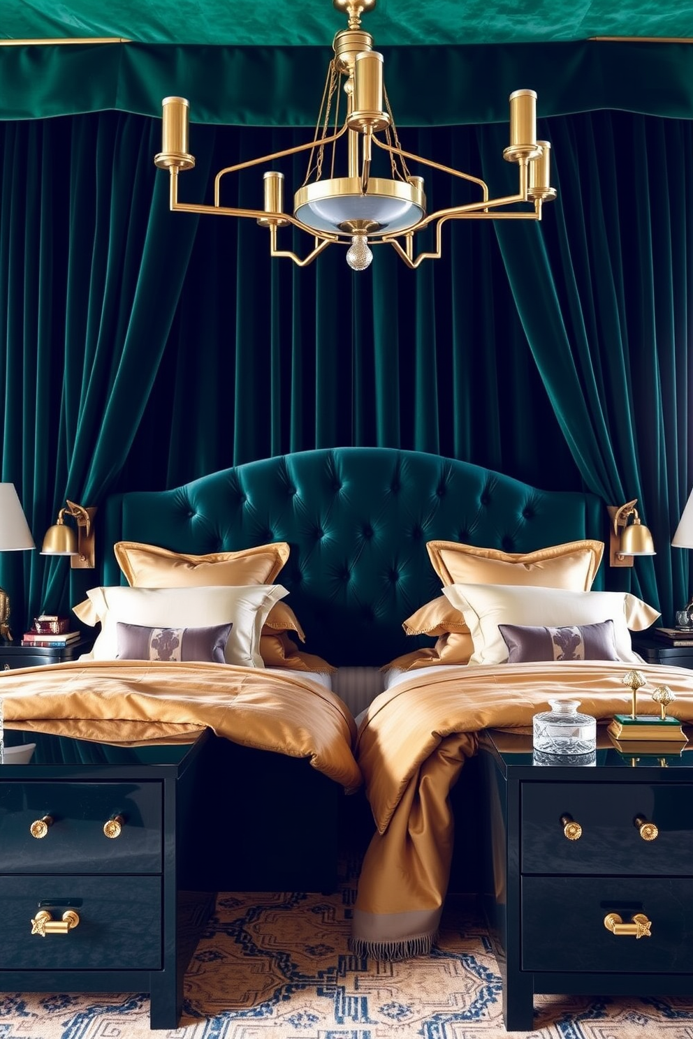 A luxurious bedroom featuring a black and gold color scheme that exudes sophistication. The walls are adorned with elegant black wallpaper, while the ceiling boasts a striking gold chandelier that casts a warm glow across the room. The bed is a statement piece with a plush black velvet headboard and gold accents on the frame. Flanking the bed are sleek black nightstands topped with stylish gold lamps, creating a harmonious balance in the design.