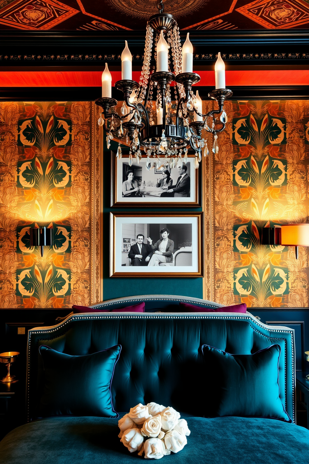 A luxurious bedroom featuring Art Deco design elements. The walls are adorned with bold geometric patterns and rich jewel tones, creating a sense of opulence. Framed vintage photographs hang elegantly above a plush velvet headboard. A statement chandelier with intricate details illuminates the space, enhancing the nostalgic atmosphere.