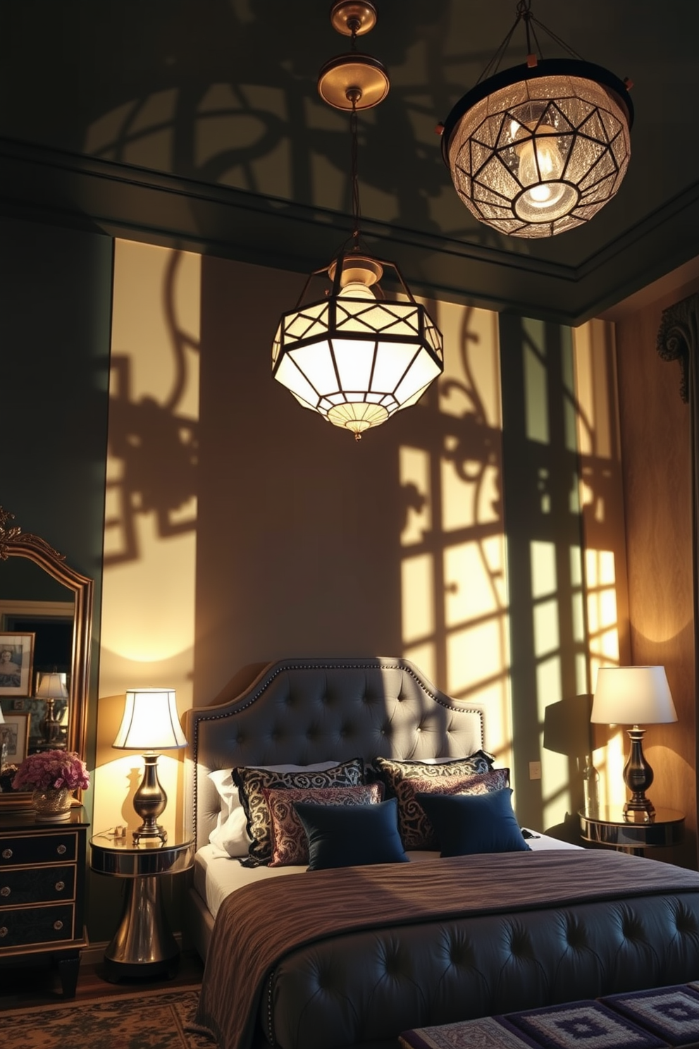 Elegant dressing table with a large ornate mirror reflecting soft ambient light. The table is adorned with delicate accessories and a plush velvet chair, set against a backdrop of rich jewel-toned walls. Art Deco bedroom design featuring geometric patterns and luxurious materials. A statement chandelier hangs above a plush bed dressed in opulent fabrics, complemented by gold and black accents throughout the room.