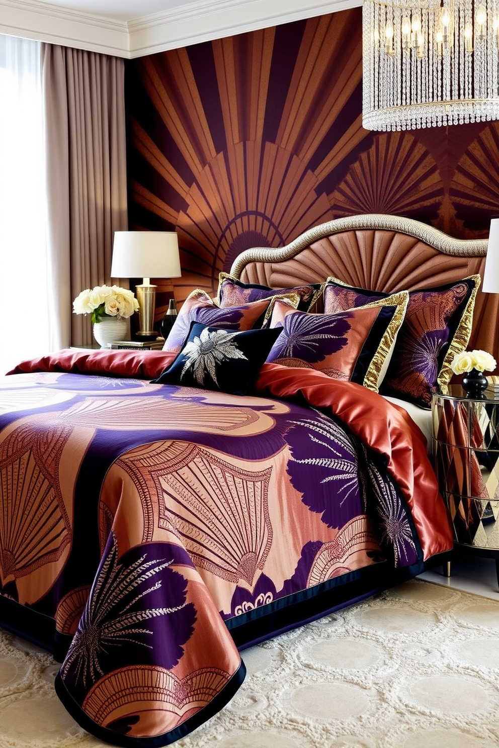 Sculptural decor pieces for interest should be strategically placed throughout the room to create focal points. Consider using a mix of materials such as metal, glass, and ceramic to add texture and dimension. Art Deco bedroom design ideas can incorporate bold geometric patterns and rich colors. Use luxurious fabrics like velvet and silk for bedding and curtains to enhance the opulent feel of the space.