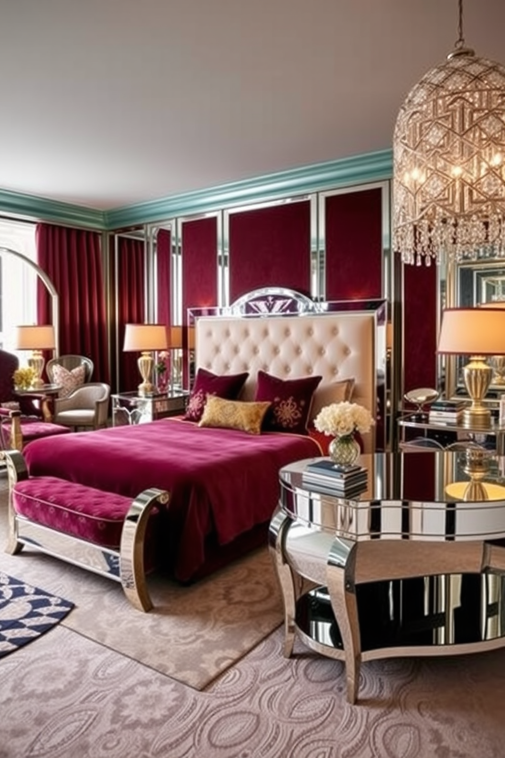 A glamorous bedroom featuring mirrored furniture that reflects light beautifully. The bed is dressed in luxurious fabrics with a bold geometric pattern, complemented by mirrored nightstands on either side. The walls are adorned with rich jewel tones, creating a dramatic backdrop for the Art Deco elements. A stunning chandelier hangs from the ceiling, casting a warm glow over the space, while an elegant area rug anchors the room.