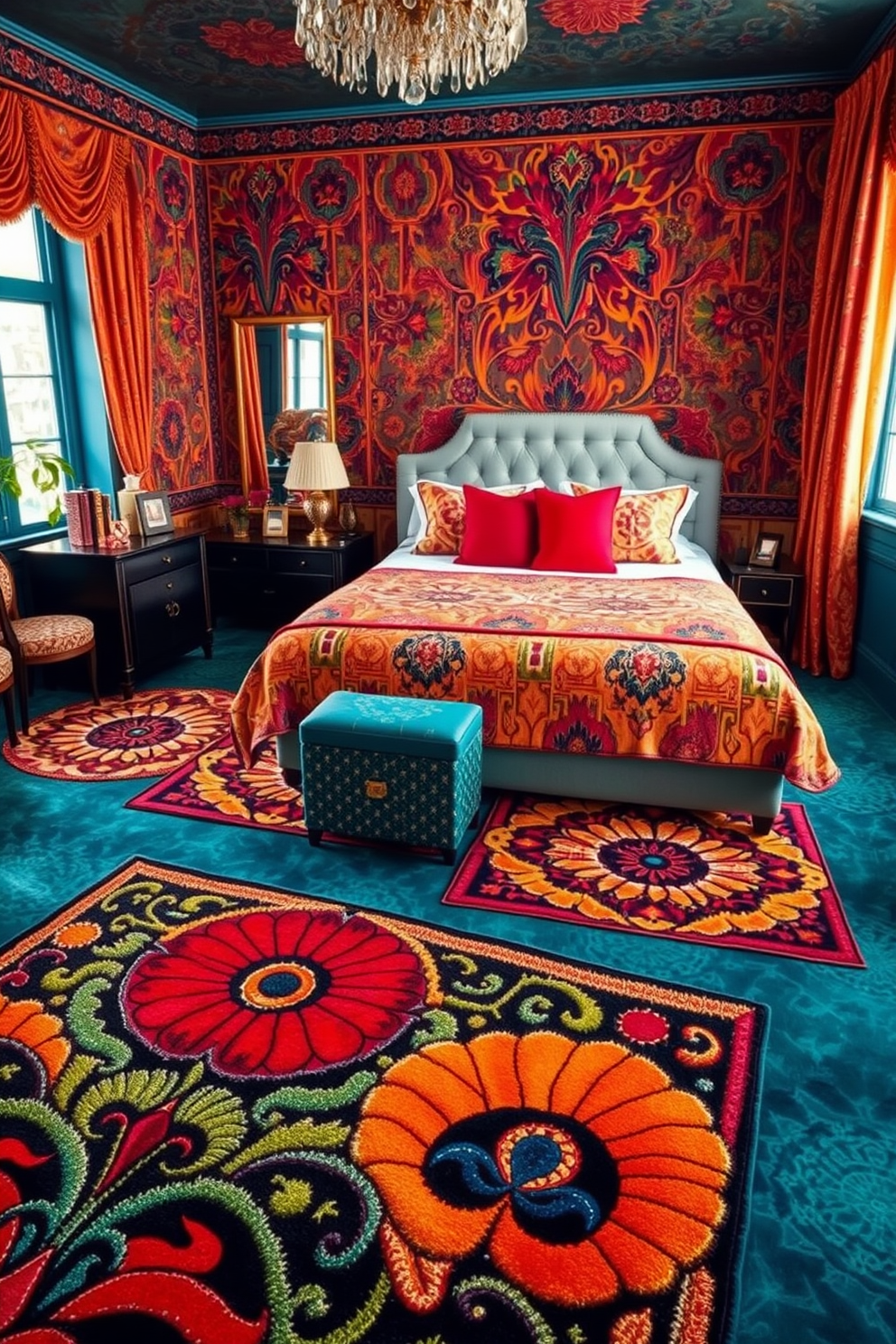 A vibrant bedroom featuring colorful area rugs adorned with intricate Art Deco motifs. The room is filled with rich textures and bold geometric patterns that reflect the elegance of the Art Deco style.