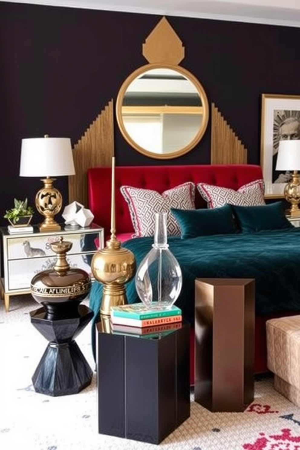 A luxurious Art Deco bedroom featuring rich wood finishes that create a warm and inviting atmosphere. The room is adorned with geometric patterns and elegant furnishings, including a plush velvet bedspread and ornate bedside tables.