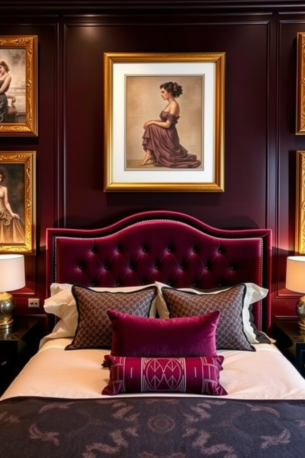 A luxurious bedroom featuring rich jewel tones and elegant Art Deco elements. The walls are adorned with classic art prints in ornate frames that enhance the opulence of the space. A plush velvet headboard serves as a focal point, complemented by geometric patterned bedding. Soft ambient lighting from stylish bedside lamps creates a warm and inviting atmosphere.