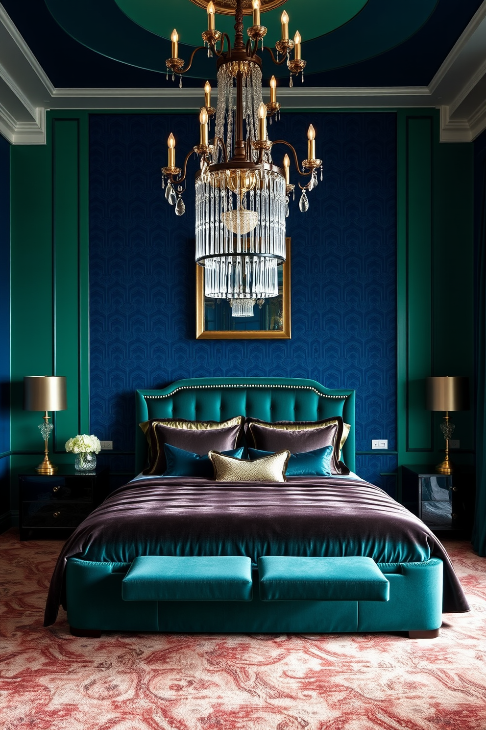 A luxurious bedroom featuring bold accent walls painted in deep navy blue and emerald green. The Art Deco design is highlighted by geometric patterns in the wallpaper and plush fabrics that create a sense of elegance and sophistication. The bed is dressed in rich velvet linens with metallic accents, complemented by a pair of stylish nightstands. A statement chandelier hangs from the ceiling, casting a warm glow over the space and enhancing the overall glamour of the room.