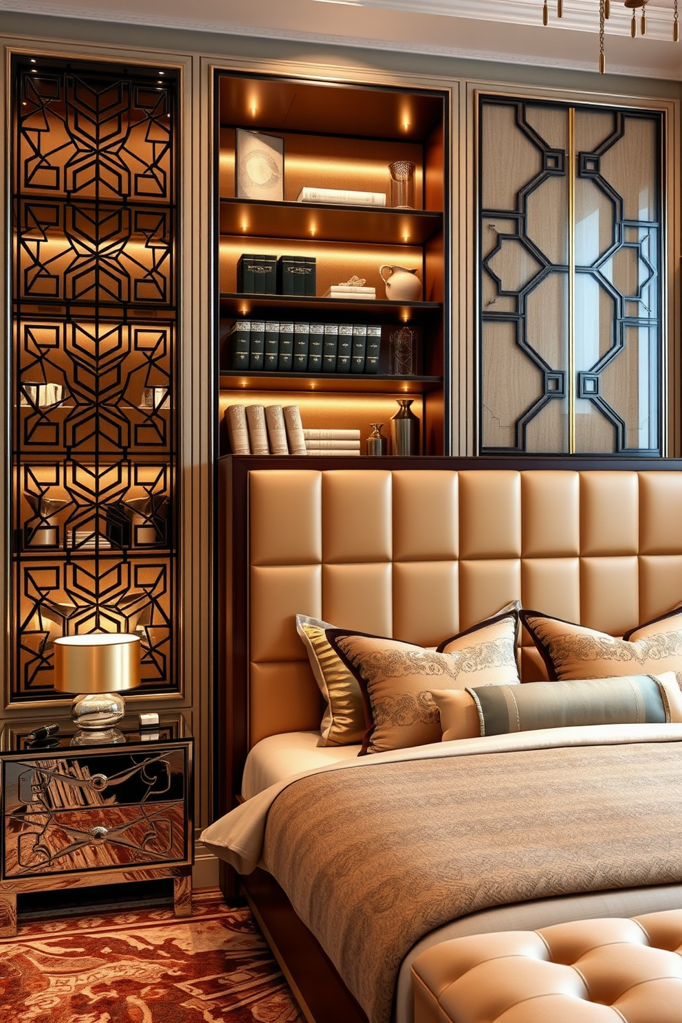 Stylish bookcases with geometric designs. The bookcases feature intricate patterns and bold shapes, showcasing a mix of materials like wood and metal for a modern touch. Art Deco bedroom design ideas. The bedroom incorporates rich colors and luxurious fabrics, with a statement bed framed by elegant nightstands and ambient lighting for a glamorous atmosphere.