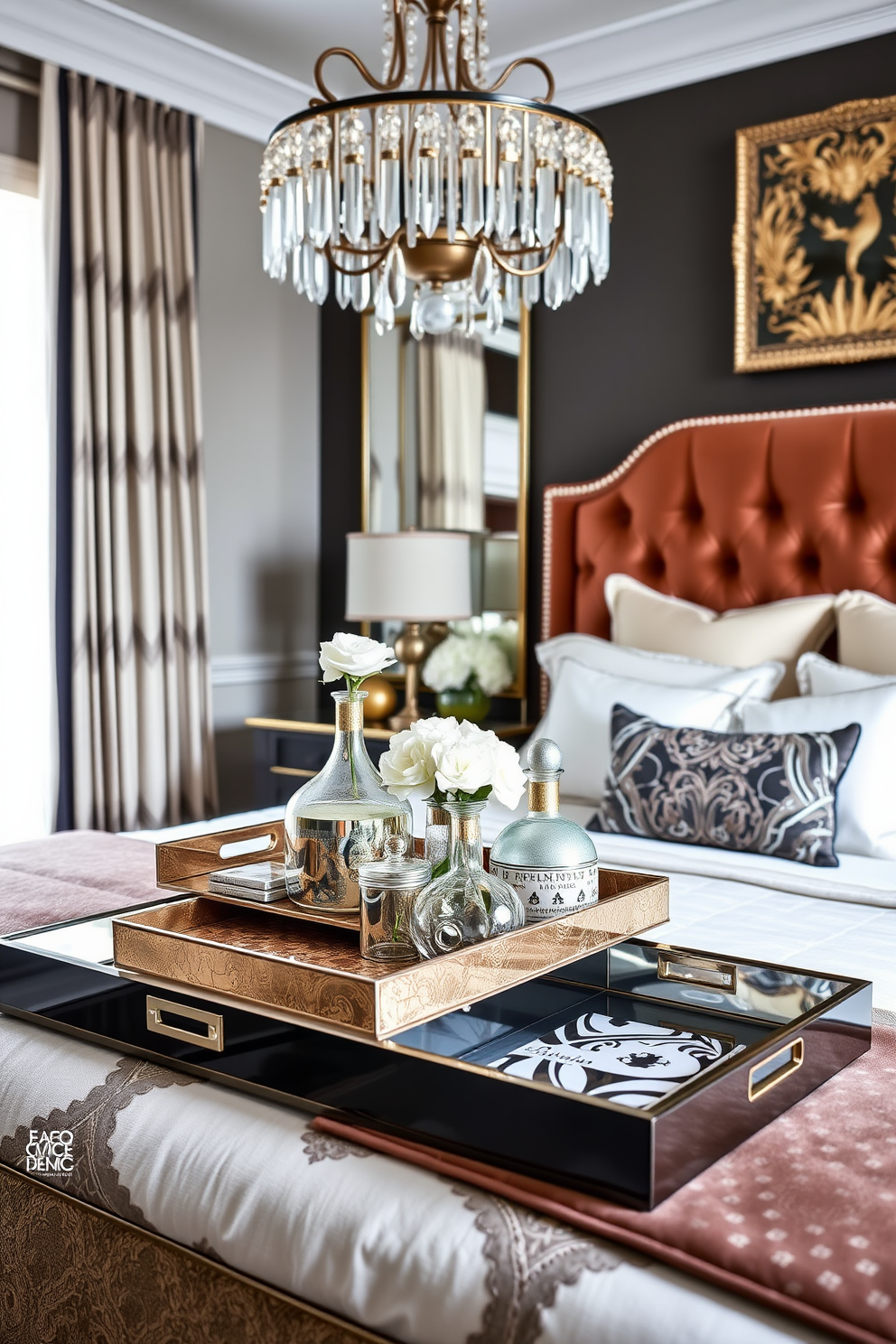 A collection of decorative trays arranged on a bedside table to enhance organization and style. The trays feature a mix of materials such as mirrored surfaces and metallic accents, adding a touch of elegance to the space. An Art Deco bedroom design that showcases bold geometric patterns and rich colors. The room includes a plush velvet headboard, a statement chandelier, and luxurious textiles that create a sophisticated atmosphere.