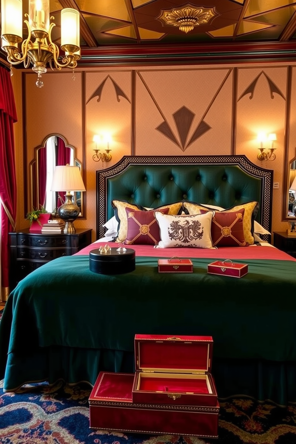 A luxurious Art Deco bedroom featuring vintage jewelry boxes as decor accents. The room is adorned with rich colors and geometric patterns, with a plush velvet bedspread and elegant lighting fixtures.