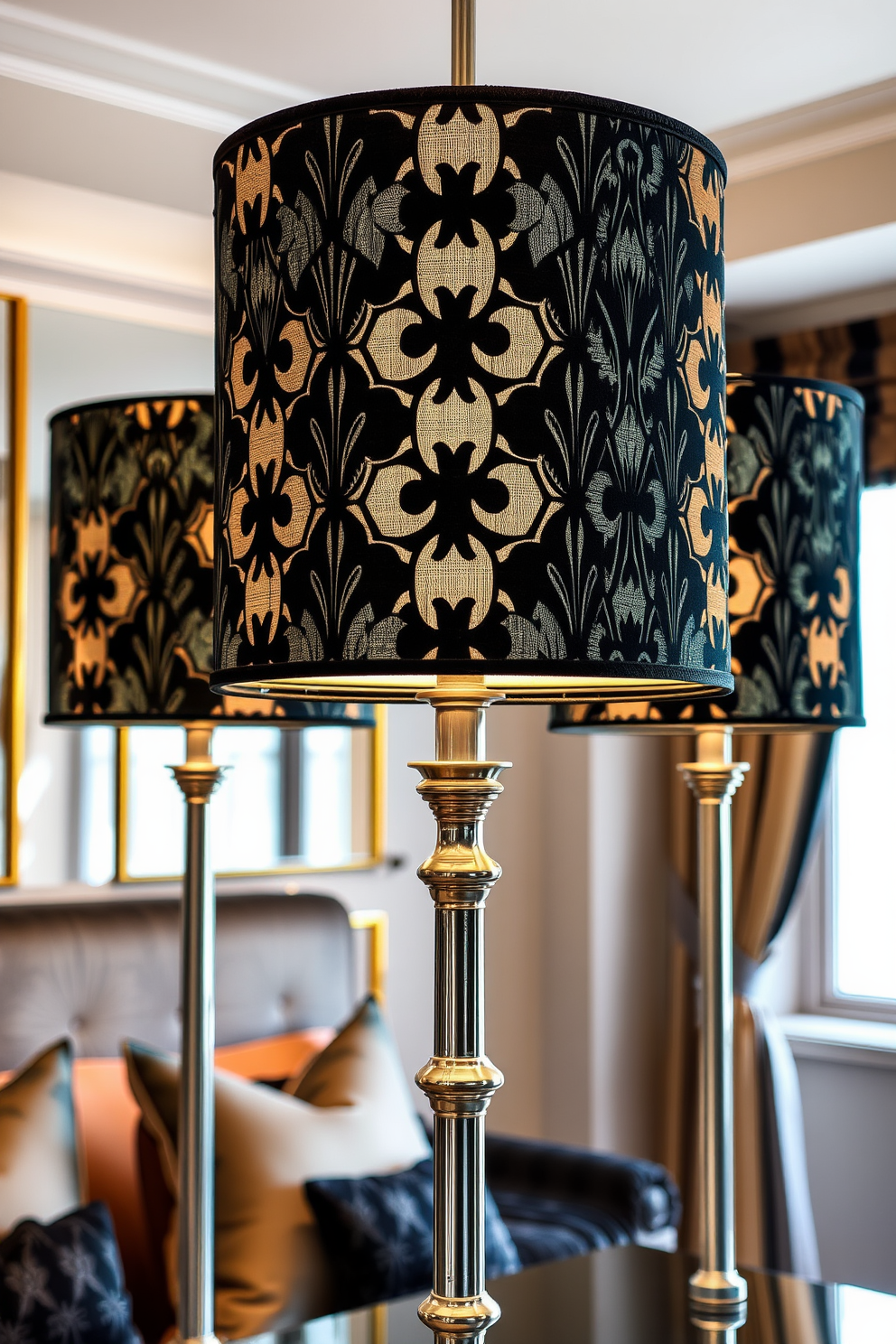 Unique lampshades with bold designs create a striking focal point in the room. The interplay of colors and patterns adds a sense of drama and sophistication to the overall aesthetic. Art Deco bedroom design ideas feature geometric shapes and luxurious materials. Rich fabrics and metallic accents contribute to an opulent atmosphere, making the space both stylish and inviting.