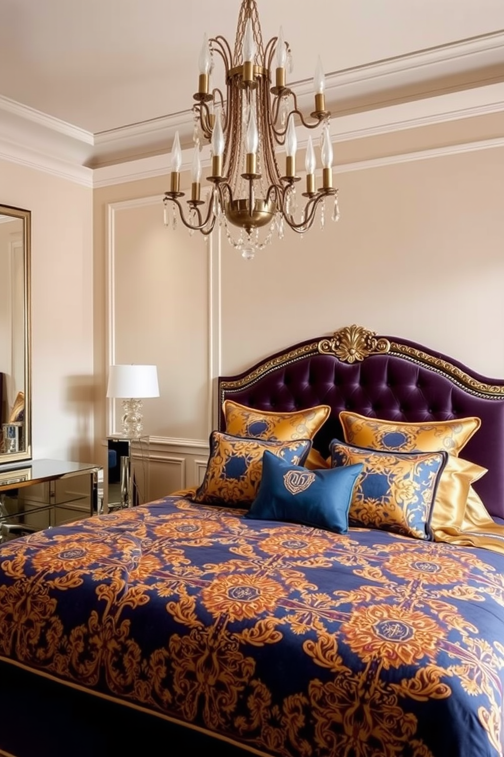 A luxurious Art Deco bedroom featuring a plush velvet bed with an intricately carved headboard. The bedding is adorned with geometric patterns in rich gold and deep blue tones, creating a stunning focal point. On one side of the room, a sleek mirrored nightstand complements an ornate chandelier hanging from the ceiling. The walls are painted in a soft cream, providing a warm backdrop for the bold, decorative accents throughout the space.