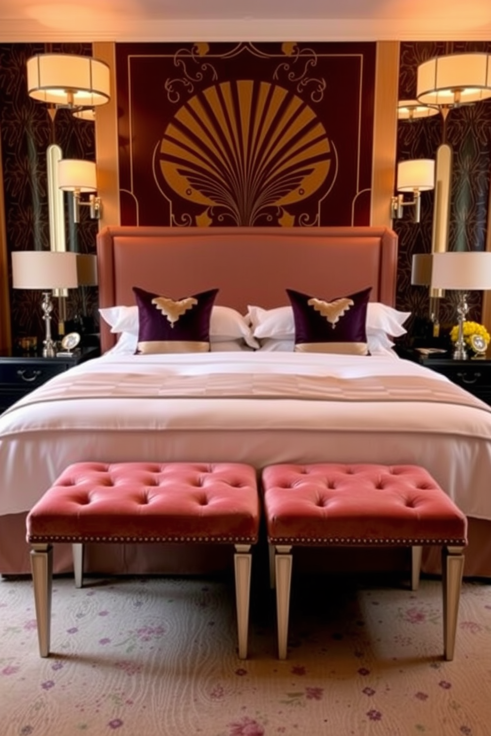 A luxurious Art Deco bedroom featuring unique sculptures as statement pieces. The room is adorned with rich fabrics and geometric patterns, creating a bold yet elegant atmosphere.