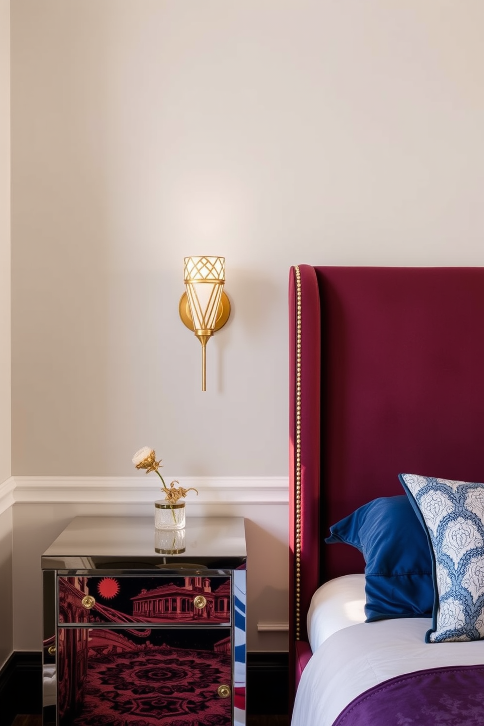 A luxurious Art Deco bedroom featuring a plush velvet bed with a geometric headboard. Rich jewel tones dominate the color palette, complemented by gold accents in the lighting fixtures and decorative mirrors. Incorporating lush green plants throughout the space adds a fresh touch and enhances the overall aesthetic. A tall potted palm stands in one corner, while smaller succulents adorn the bedside tables.