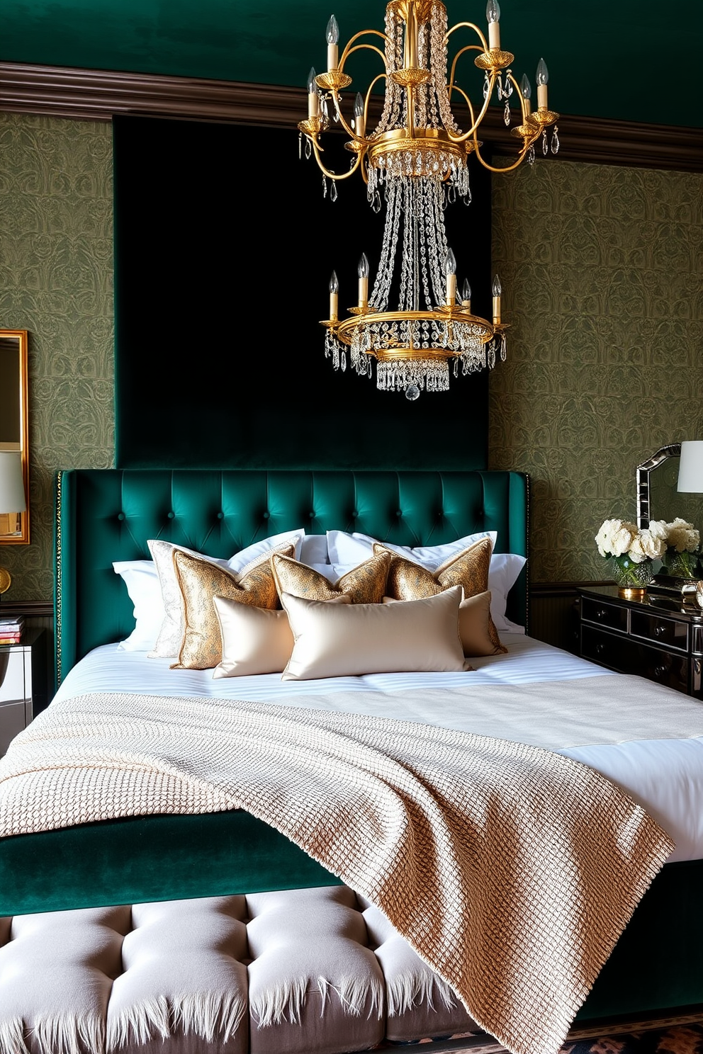 A luxurious Art Deco bedroom featuring a plush velvet headboard in deep emerald green. The bed is adorned with gold and silver metallic accents through decorative pillows and a shimmering throw blanket. The room showcases an elegant chandelier made of crystal and gold, casting a warm glow over the space. A stylish mirrored dresser sits against the wall, reflecting the intricate geometric patterns of the wallpaper.