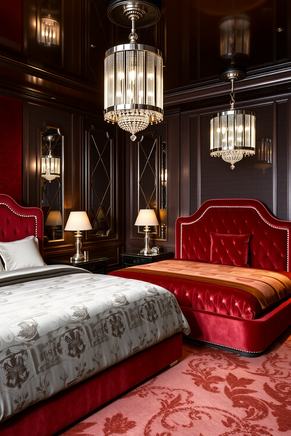 A luxurious Art Deco bedroom featuring rich velvet upholstery on the bed frames. The walls are adorned with geometric patterns and the lighting fixtures are elegant and metallic, creating a glamorous ambiance.