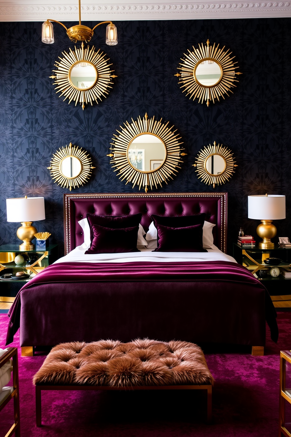 A stunning Art Deco bedroom featuring a luxurious bed with a tufted headboard and rich velvet bedding. Sunburst mirrors are strategically placed above nightstands, reflecting the room's elegant lighting and adding a touch of glamour. The walls are adorned with geometric patterns in deep jewel tones, creating a dramatic backdrop. A plush area rug in a contrasting color anchors the space, while gold accents in the furniture enhance the overall sophistication.