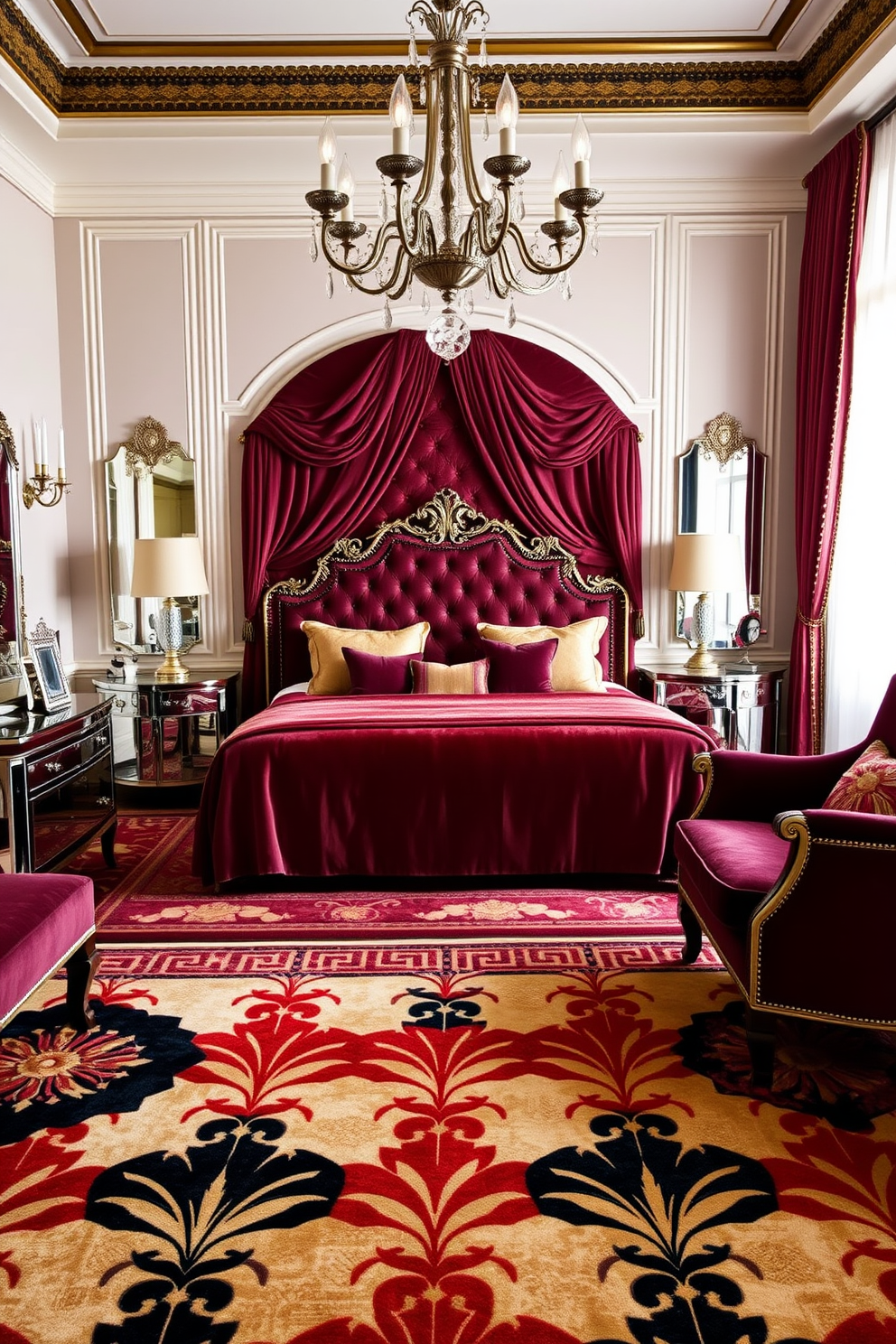 A luxurious Art Deco bedroom featuring metallic accents in gold and silver. The room is adorned with a plush velvet bedspread and geometric-patterned pillows, complemented by a mirrored nightstand on either side of the bed. The walls are painted in a deep navy blue, creating a dramatic backdrop for the gold-framed artwork that hangs above the headboard. A stylish chandelier with crystal details illuminates the space, casting a warm glow over the rich textures of the room.