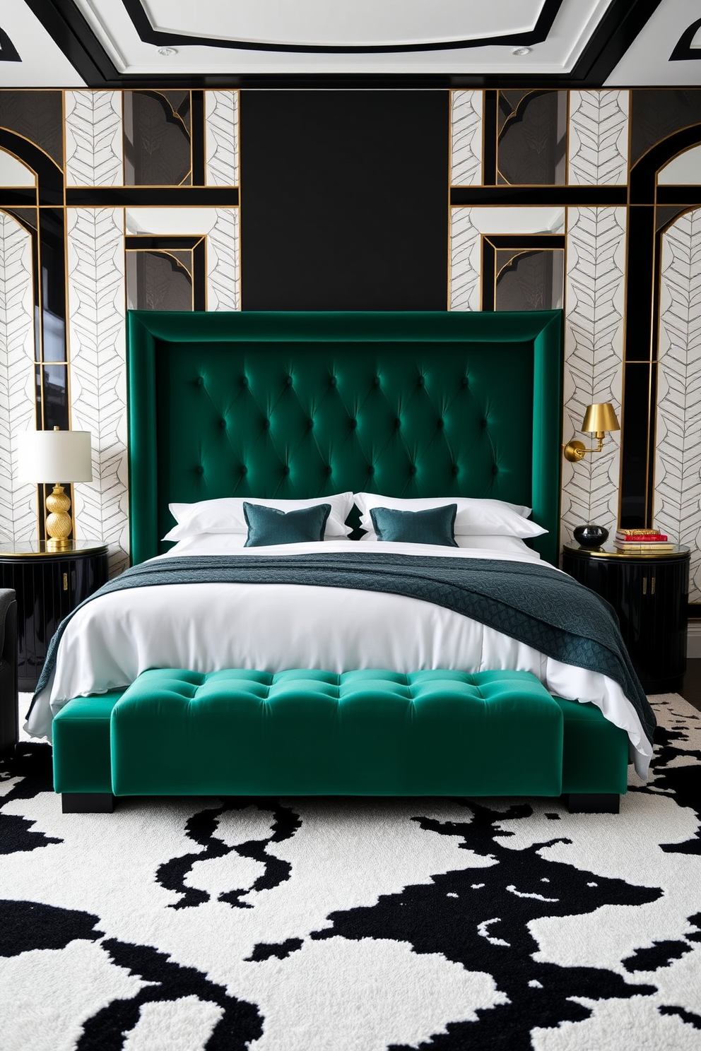 A luxurious Art Deco bedroom featuring a plush velvet headboard in deep emerald green. The walls are adorned with vintage artwork in ornate gold frames that add character and elegance to the space. The bedding is layered with rich textures, including silk and satin in bold geometric patterns. A statement chandelier hangs from the ceiling, casting a warm glow over the room and highlighting the intricate details of the decor.