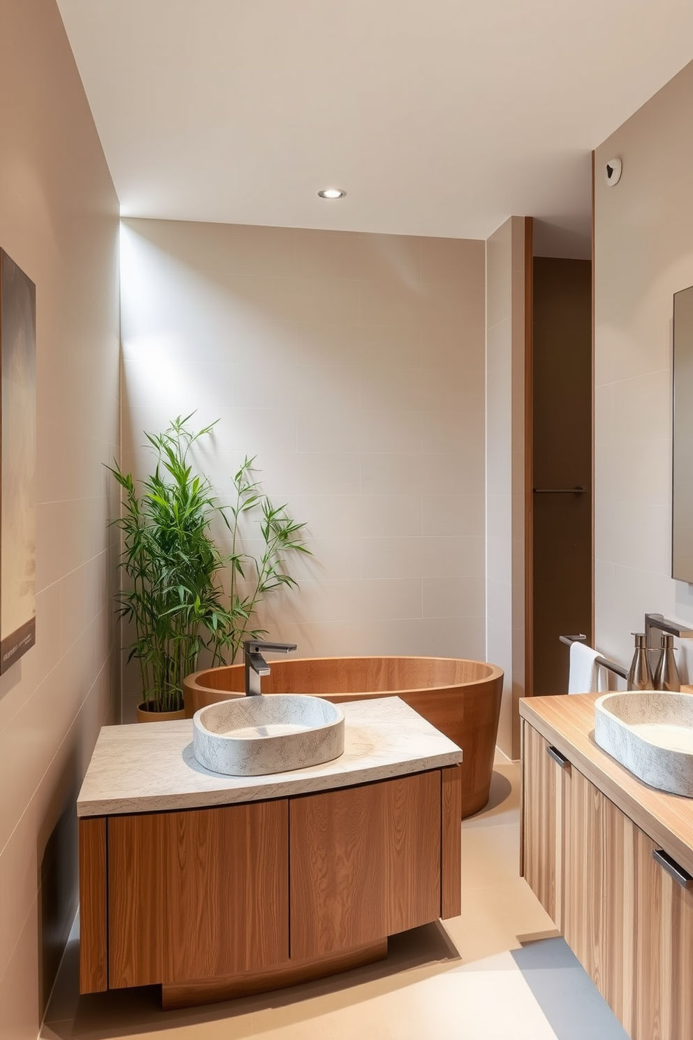 A serene bathroom with natural wood accents creates a warm and inviting atmosphere. The space features a freestanding wooden bathtub surrounded by bamboo plants and soft lighting. The walls are adorned with light beige tiles that complement the wooden elements. A sleek wooden vanity with a stone sink provides both functionality and style.