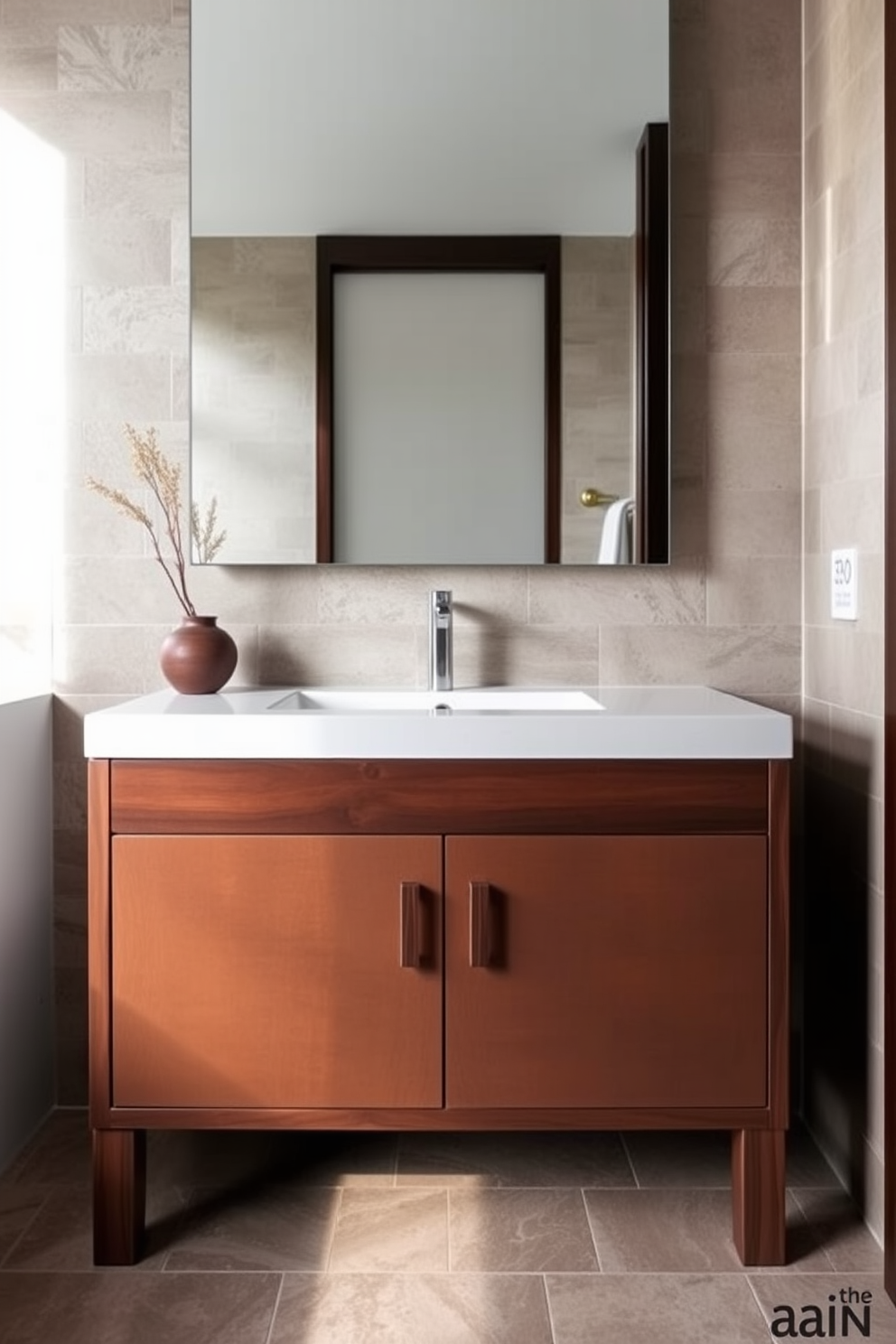 Sleek vanity with simple hardware features a minimalist design made of dark wood. The walls are adorned with natural stone tiles, creating a serene atmosphere in the Asian bathroom setting.