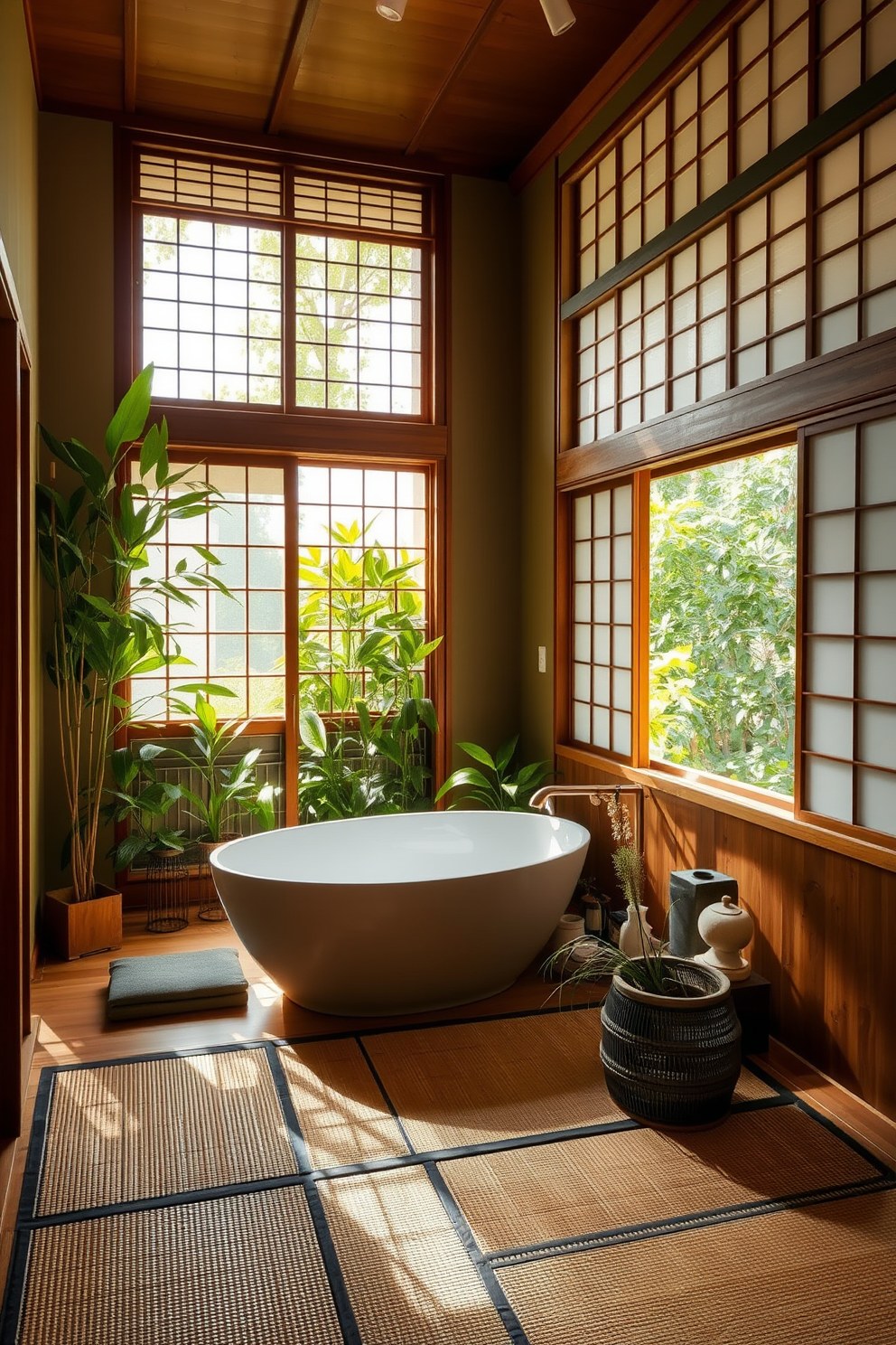 A serene Asian bathroom featuring traditional tatami mats that add a unique touch. The space is adorned with bamboo accents and a freestanding soaking tub surrounded by lush greenery. Natural light filters through shoji screens, creating a calming atmosphere. The walls are painted in soft earth tones, complementing the warm hues of the wood finishes.