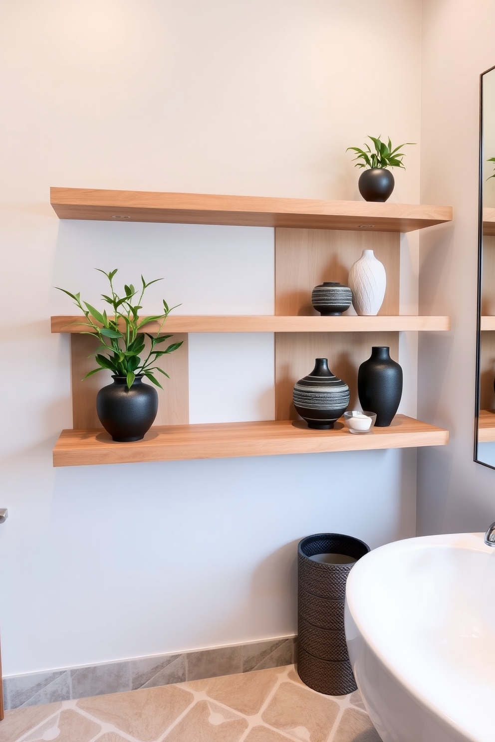 A serene Asian-inspired bathroom featuring floating shelves made of natural wood for open storage. The shelves are adorned with decorative bamboo plants and elegant ceramic vases, creating a harmonious and tranquil atmosphere.