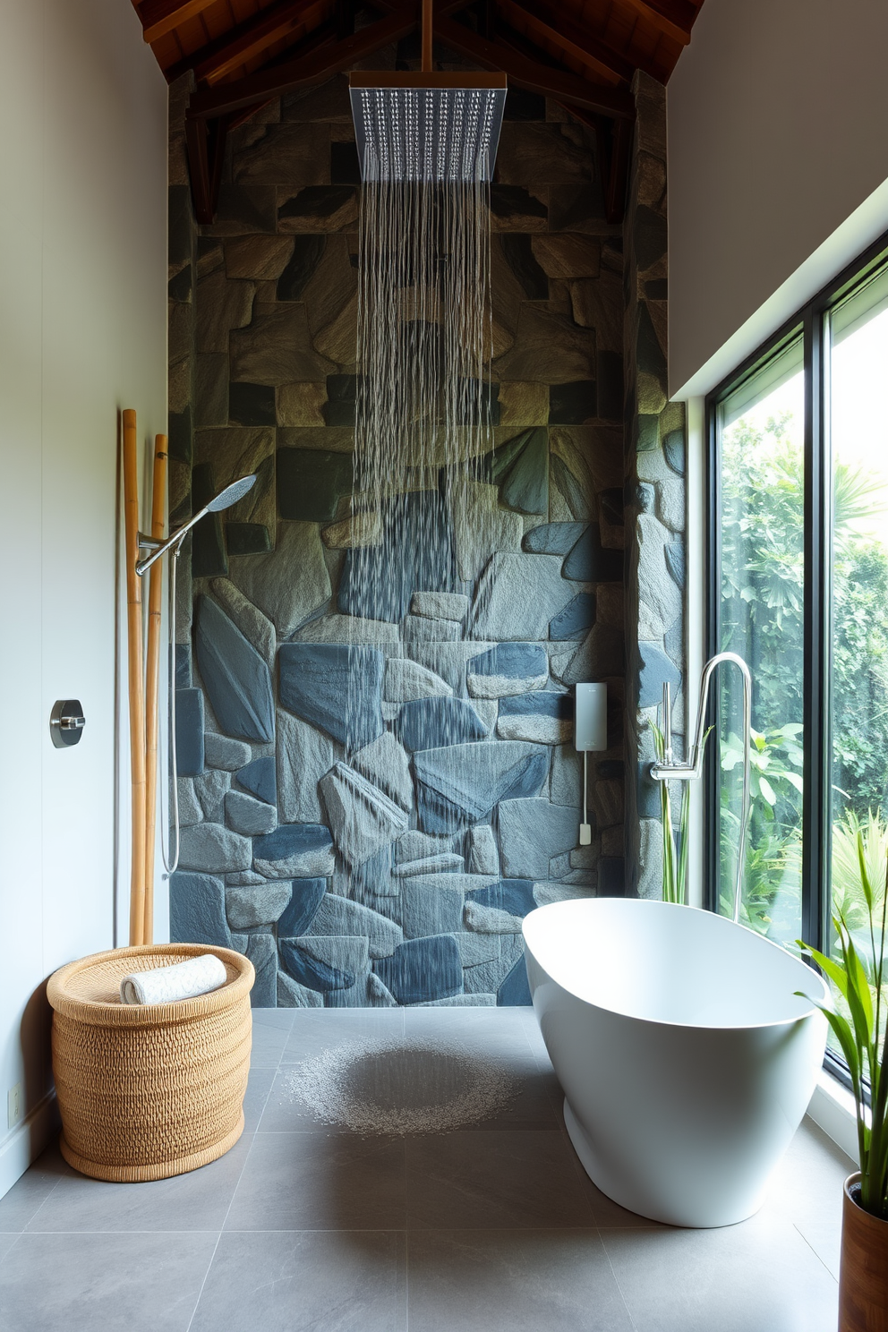 A serene bathroom featuring a rain shower with a stunning stone wall backdrop. The space is adorned with bamboo accents and a freestanding soaking tub positioned near a large window that invites natural light.