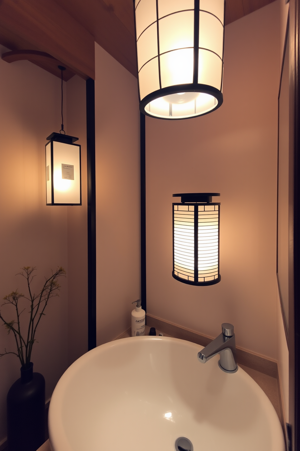 A serene bathroom setting featuring elegant Japanese lanterns that provide soft ambient lighting. The space is adorned with natural wood accents and subtle Asian-inspired decor, creating a tranquil atmosphere.