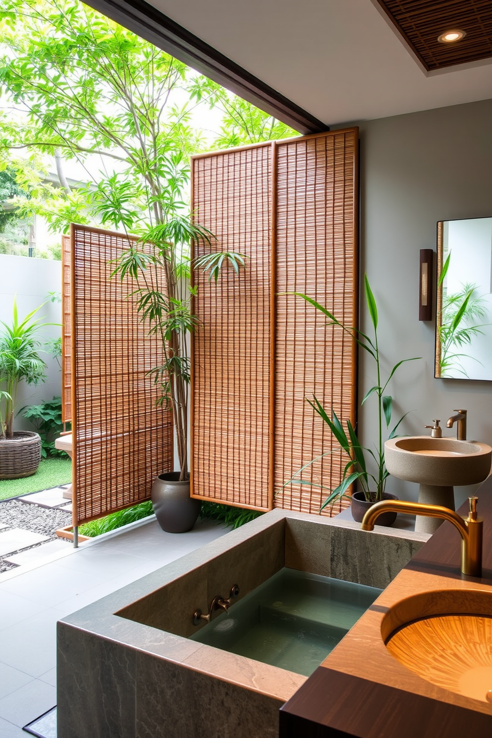 A serene outdoor space features elegant bamboo privacy screens that create a tranquil atmosphere. The screens are strategically placed to provide seclusion while allowing soft natural light to filter through. The bathroom showcases Asian design elements with a deep soaking tub made of natural stone. Bamboo accents and lush greenery enhance the calming ambiance, complemented by warm wooden fixtures and soft lighting.