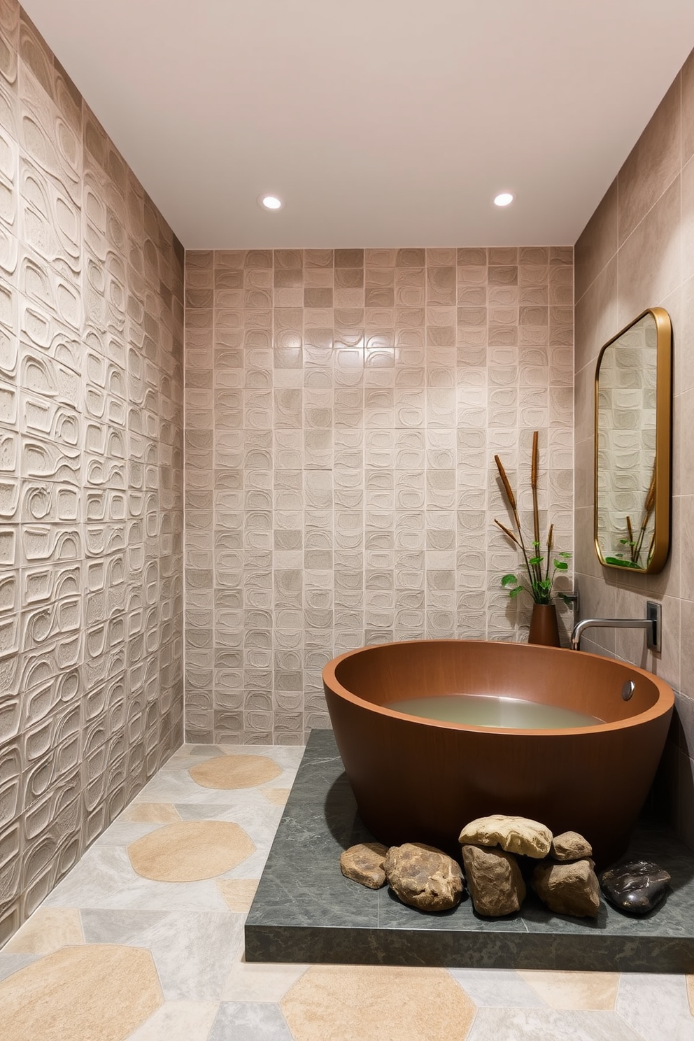 A serene Asian-inspired bathroom featuring textured tiles that create visual interest. The space includes a deep soaking tub surrounded by natural stones and bamboo accents for a calming atmosphere.