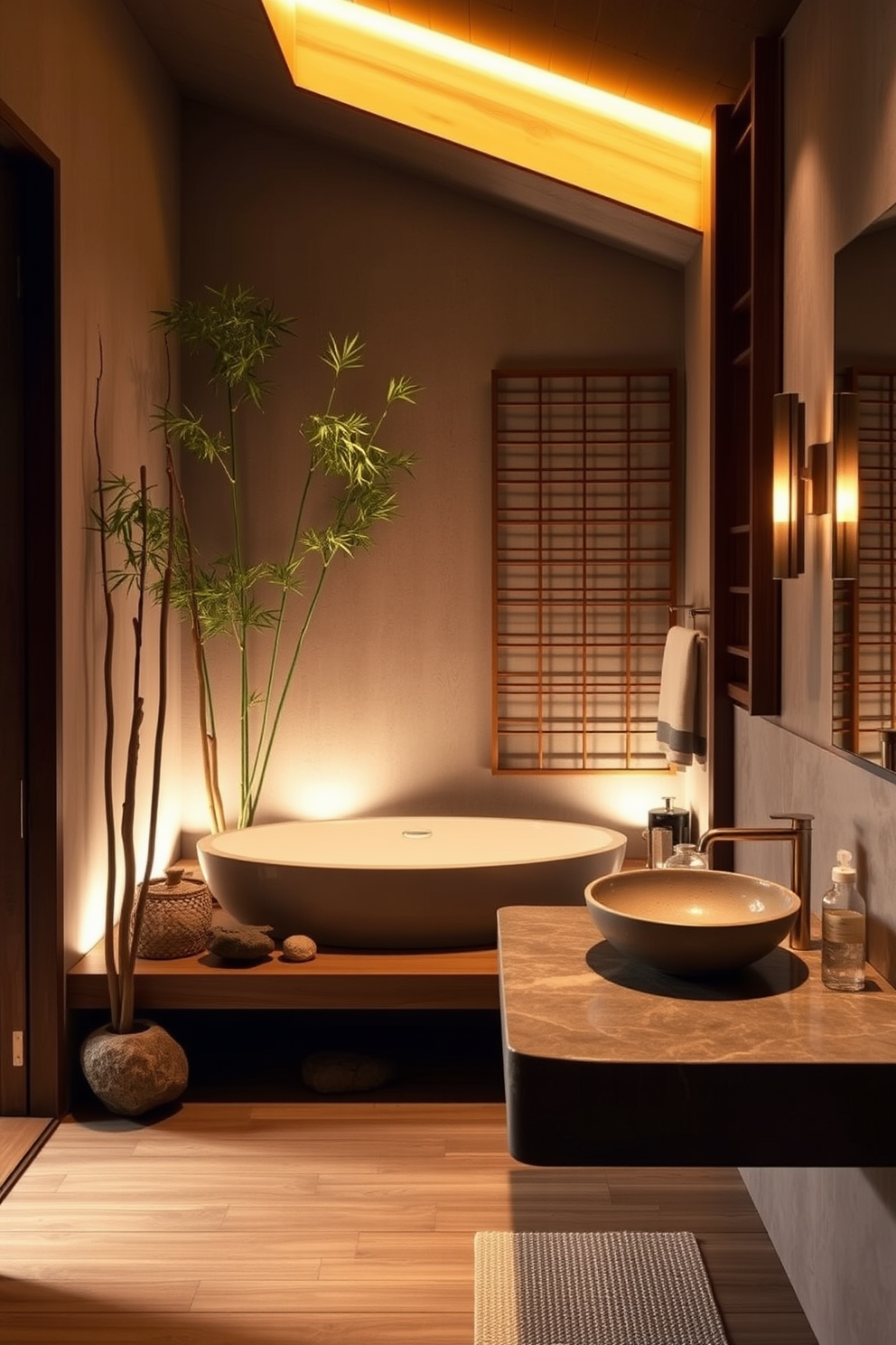 A tranquil Asian-inspired bathroom featuring natural wood elements and soft textures. The space includes a deep soaking tub surrounded by bamboo plants and stone accents, with warm lighting casting a gentle glow. The walls are adorned with subtle earth tones, and a wooden screen adds privacy while enhancing the aesthetic. A floating vanity with a stone countertop and elegant vessel sink completes the serene atmosphere.