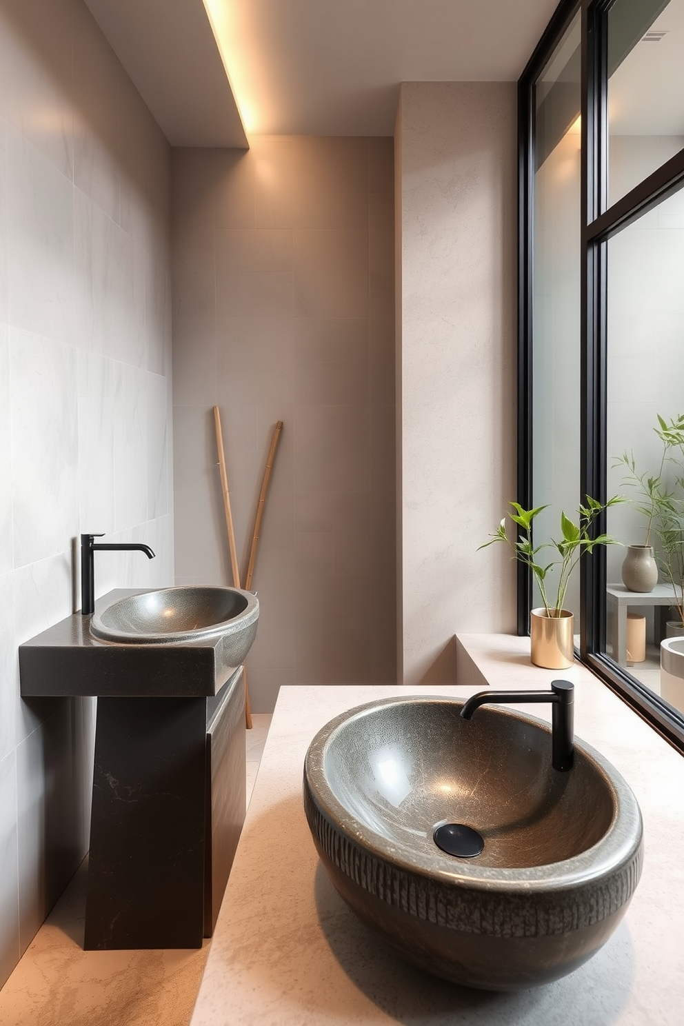 A serene Asian bathroom design featuring natural fiber rugs that add warmth and texture to the space. The room is adorned with bamboo accents and a freestanding soaking tub surrounded by lush greenery. The walls are painted in soft earth tones, creating a tranquil atmosphere. Elegant stone tiles line the floor, complementing the organic feel of the natural fiber rugs.