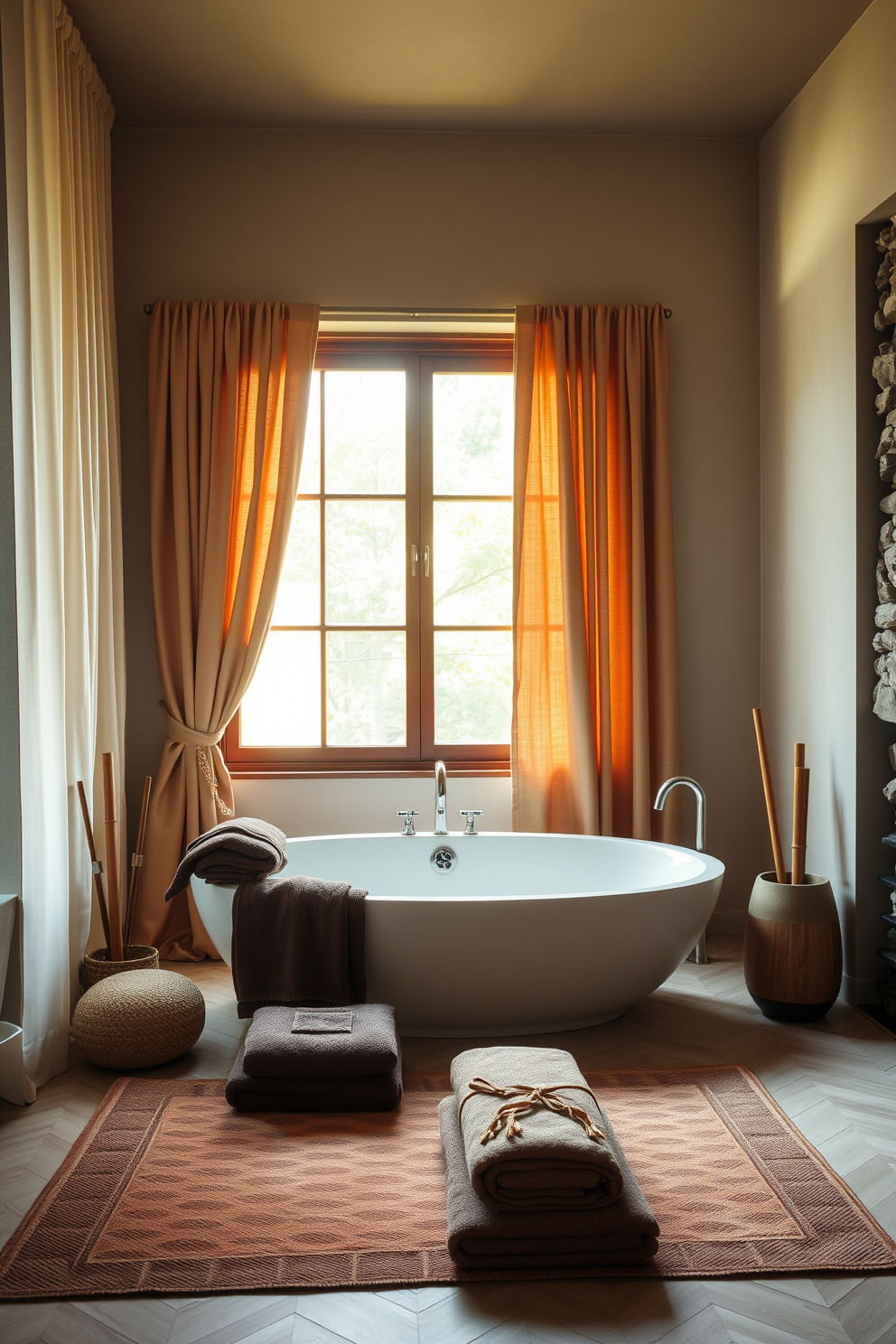 A tranquil Asian-inspired bathroom setting features rich textiles that add warmth and comfort. Soft silk curtains frame a large window, allowing natural light to filter through and illuminate the space. The focal point is a freestanding soaking tub surrounded by plush towels in deep hues. Bamboo accents and a stone feature wall enhance the serene atmosphere, creating a perfect sanctuary for relaxation.