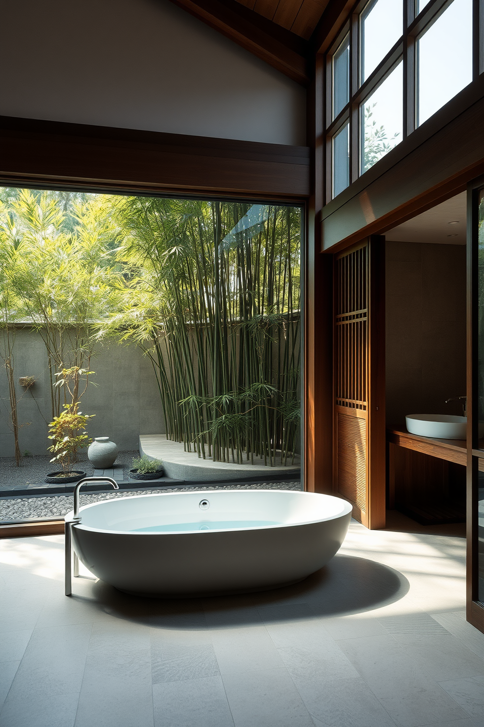 A serene Asian bathroom setting featuring a luxurious soaking tub positioned near a large window that opens to a tranquil bamboo garden. Soft natural light filters through the window, highlighting the elegant stone tiles and minimalist wooden accents throughout the space.