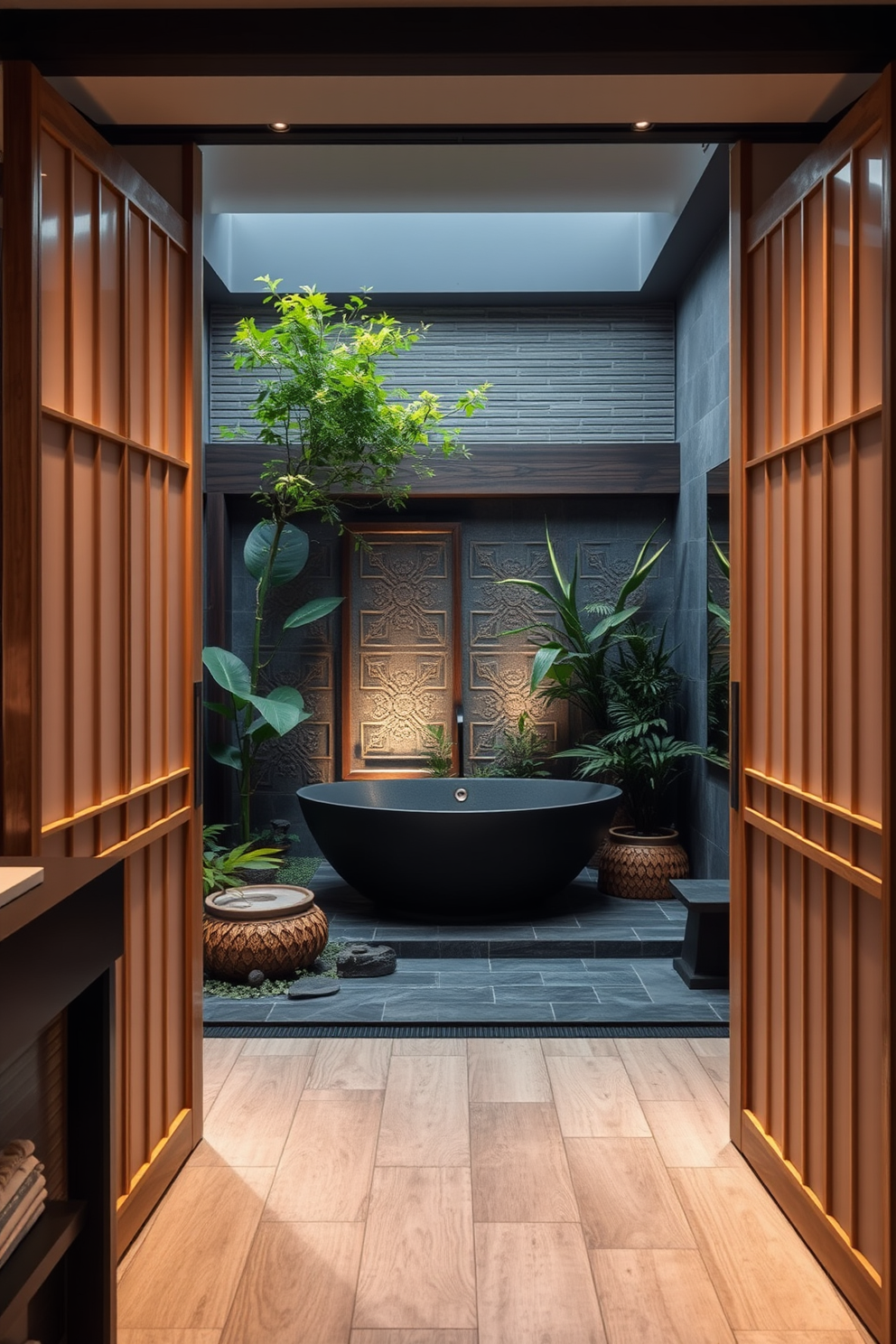 A serene Asian-inspired bathroom featuring sliding doors that elegantly save space. The design incorporates natural materials like bamboo and stone, creating a harmonious atmosphere. The centerpiece is a freestanding soaking tub surrounded by lush greenery. Soft lighting highlights the intricate tile work and minimalist decor, enhancing the tranquil ambiance.