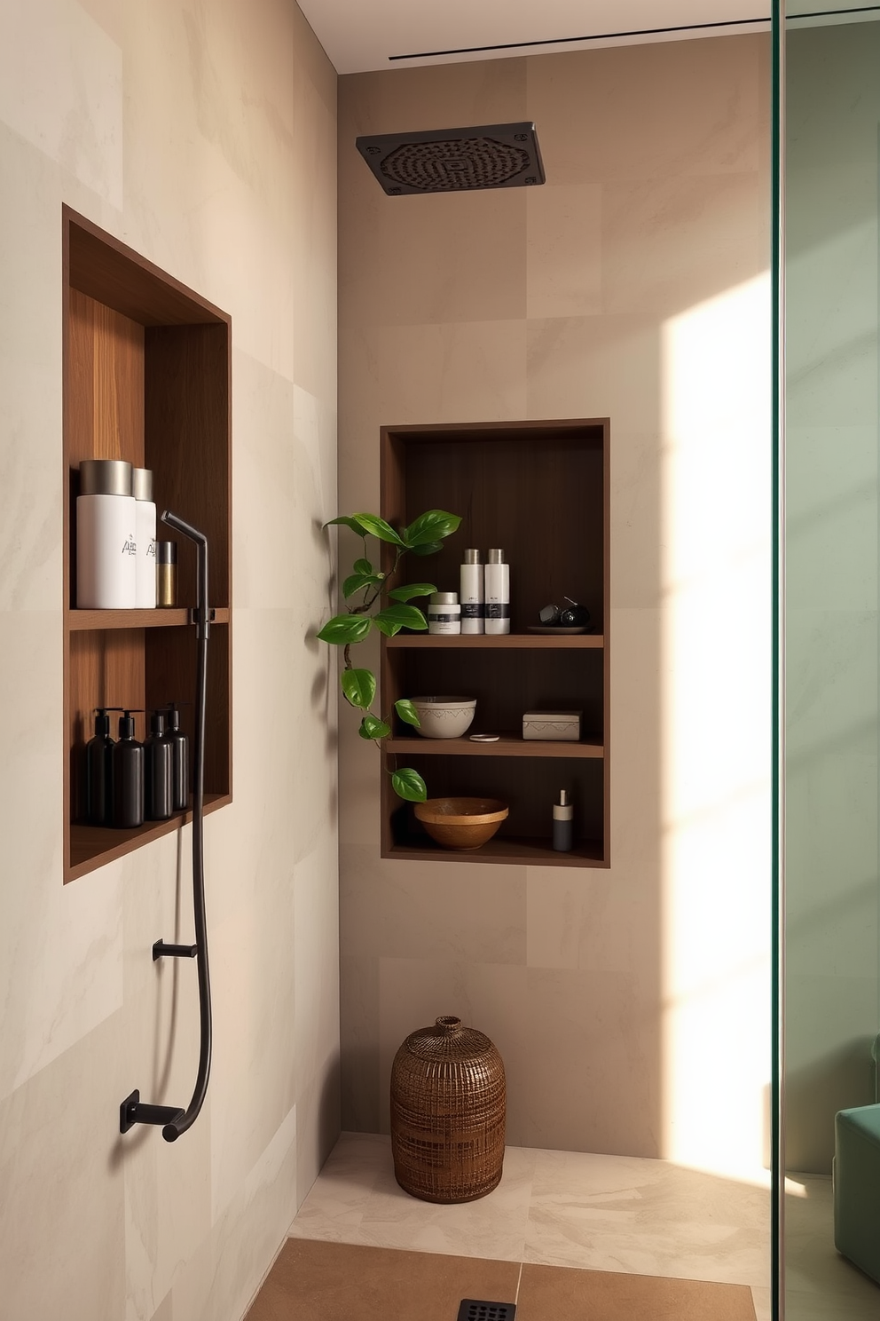 Custom cabinetry with intricate detailing creates a serene atmosphere in an Asian-inspired bathroom. The cabinetry features rich wood tones and elegant carvings, harmonizing with natural stone elements throughout the space.