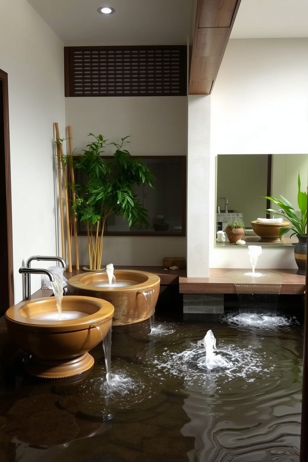 Calming water sounds fill the air as gentle fountains flow in a serene Asian bathroom setting. The space features natural stone elements, bamboo accents, and soft lighting that creates a tranquil atmosphere.