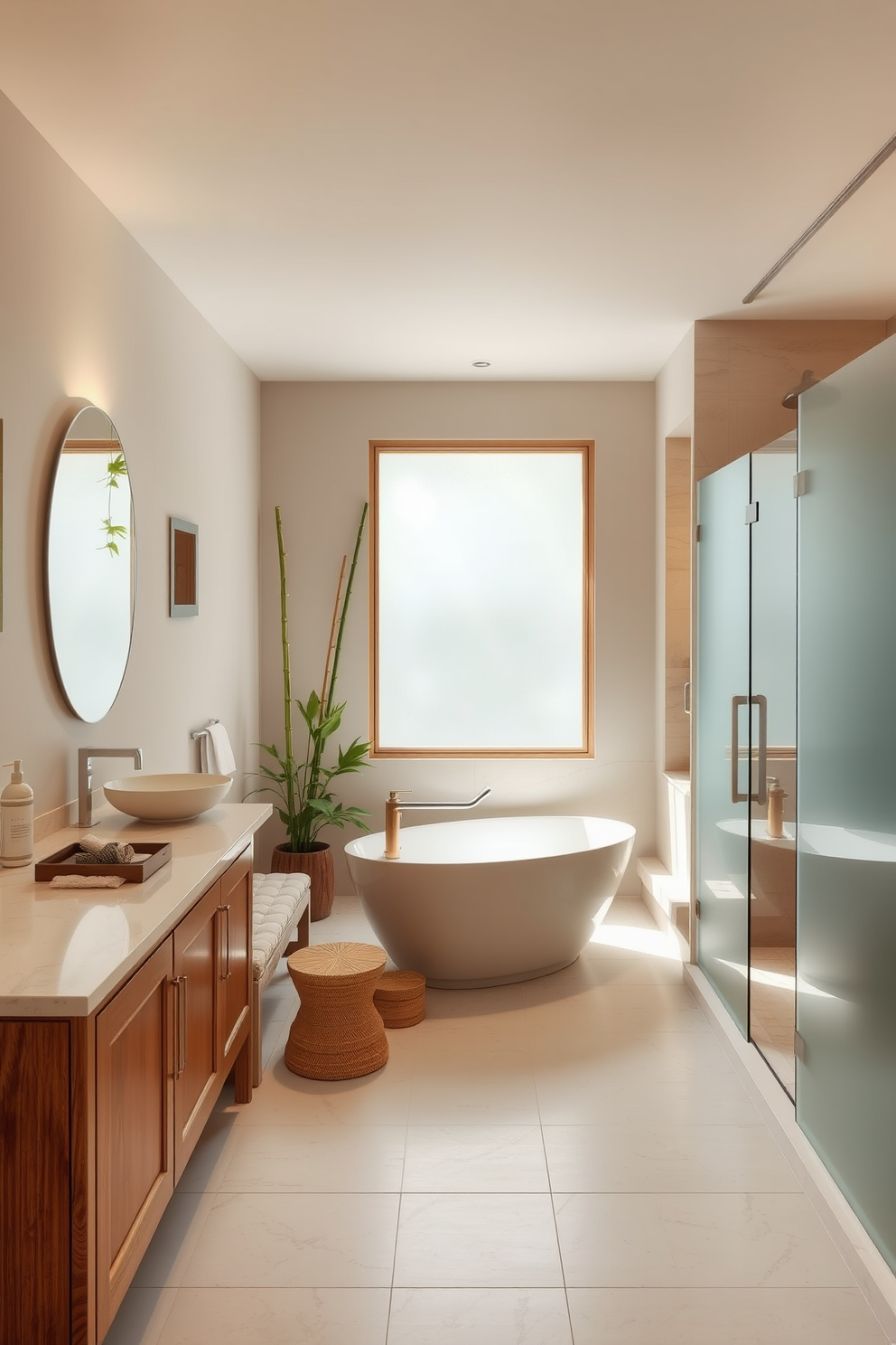 A serene bathroom oasis featuring soft neutral tones throughout. The space includes a freestanding soaking tub surrounded by natural stone, with bamboo accents and lush greenery for a tranquil atmosphere. Elegant wooden cabinetry complements the warm color palette, providing ample storage while maintaining a minimalist aesthetic. A spacious walk-in shower with frosted glass doors enhances the sense of openness and light in the room.