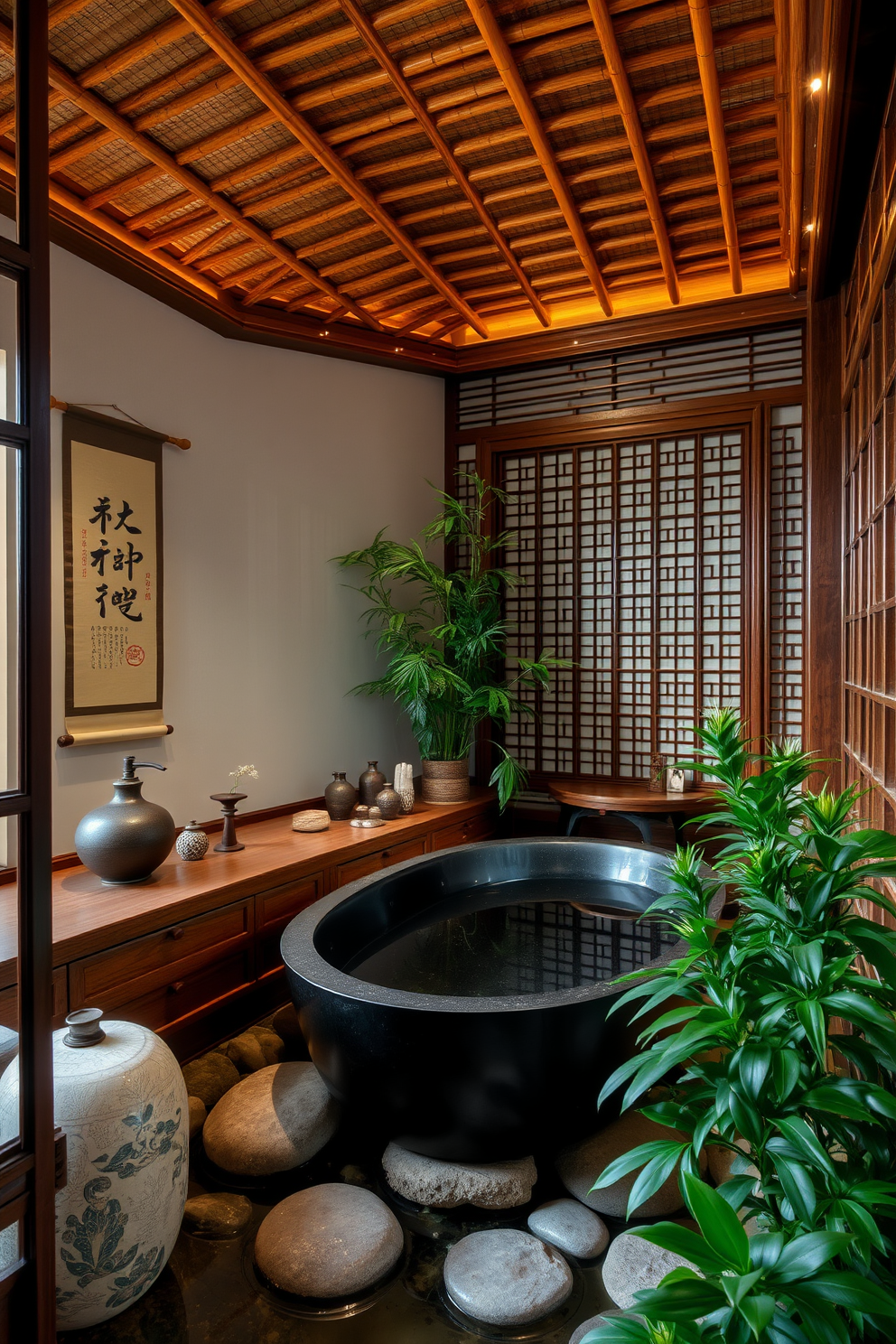 A serene Asian bathroom setting featuring vintage ceramics displayed on open wooden shelves. The walls are adorned with delicate bamboo wallpaper, and a freestanding soaking tub is centered under a large window with sheer curtains.