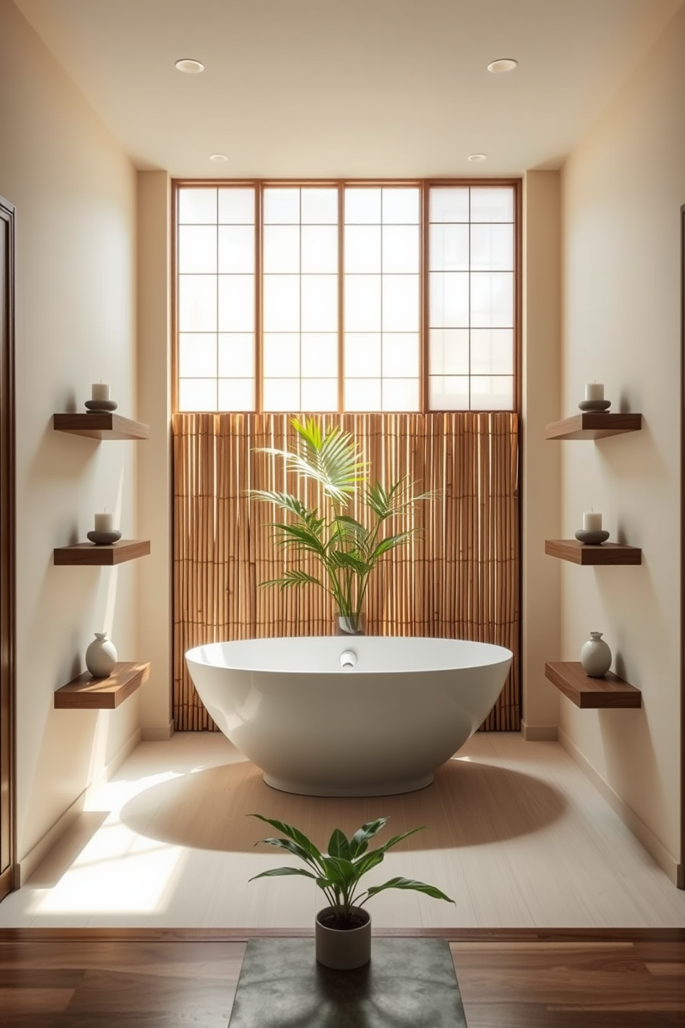 A serene Asian bathroom setting emphasizing symmetry. The space features a freestanding soaking tub centered against a backdrop of bamboo panels, with two identical wooden shelves on either side adorned with decorative stones and candles. The walls are painted in a soft cream color, creating a calming atmosphere. Natural light filters through rice paper screens, enhancing the tranquil vibe while a lush green plant sits in the corner, adding a touch of nature.